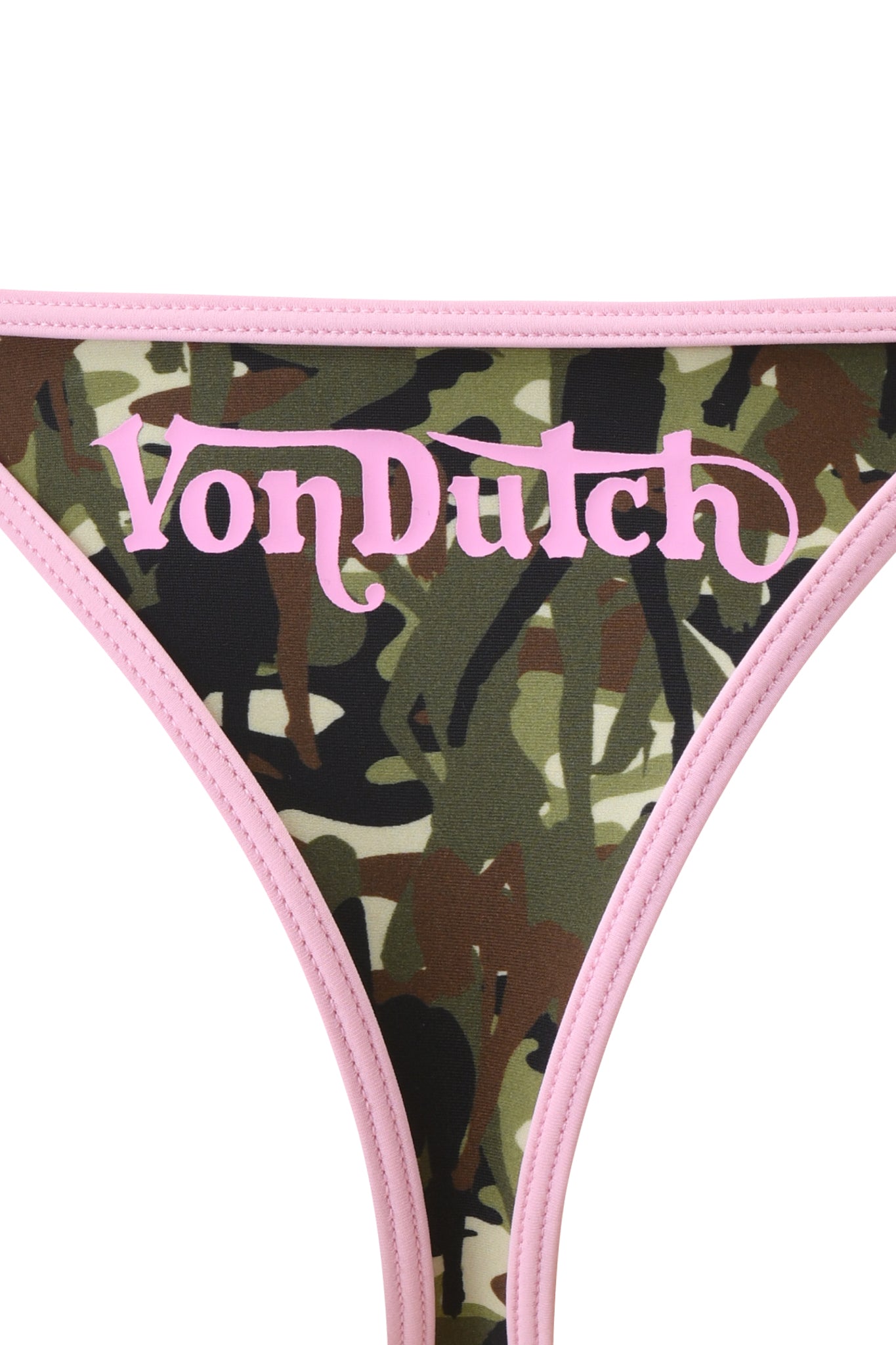 A close-up of the I.AM.GIA x Von Dutch Ava Bikini Bottom in Gia Girl Camo, featuring light pink trim and "Von Dutch" written in pink across the front.