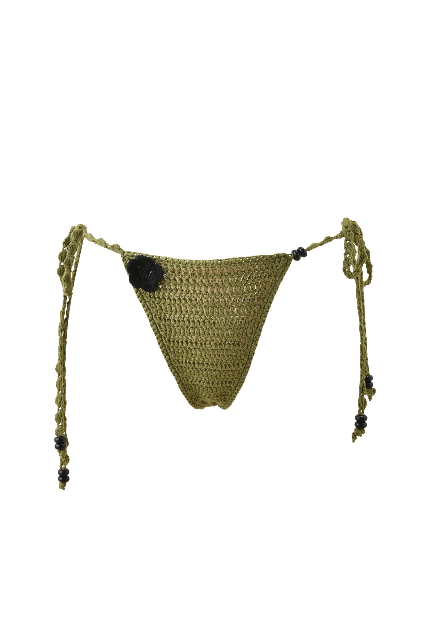 The LANAI CROCHET BIKINI BOTTOM by I.AM.GIA features an army green crochet design with side ties, black bead accents, and a small black flower detail. This low-rise swimwear is shown against a white background.