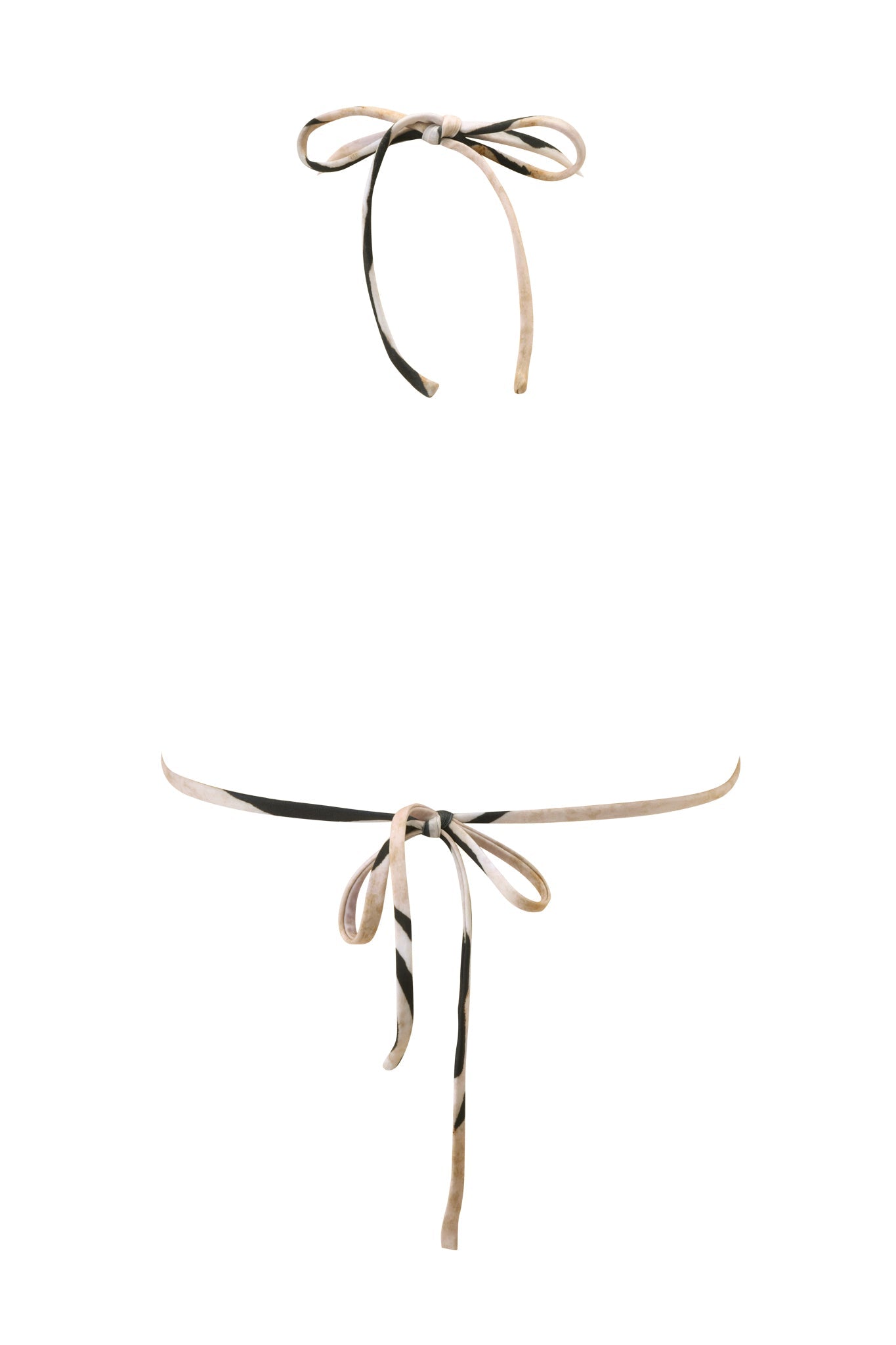 Two thin, patterned fabric straps tied into bows, one above the other, resembling the top and bottom straps of the I.AM.GIA LUMANI BIKINI TOP - WILD SIDE, displayed on a plain white background.