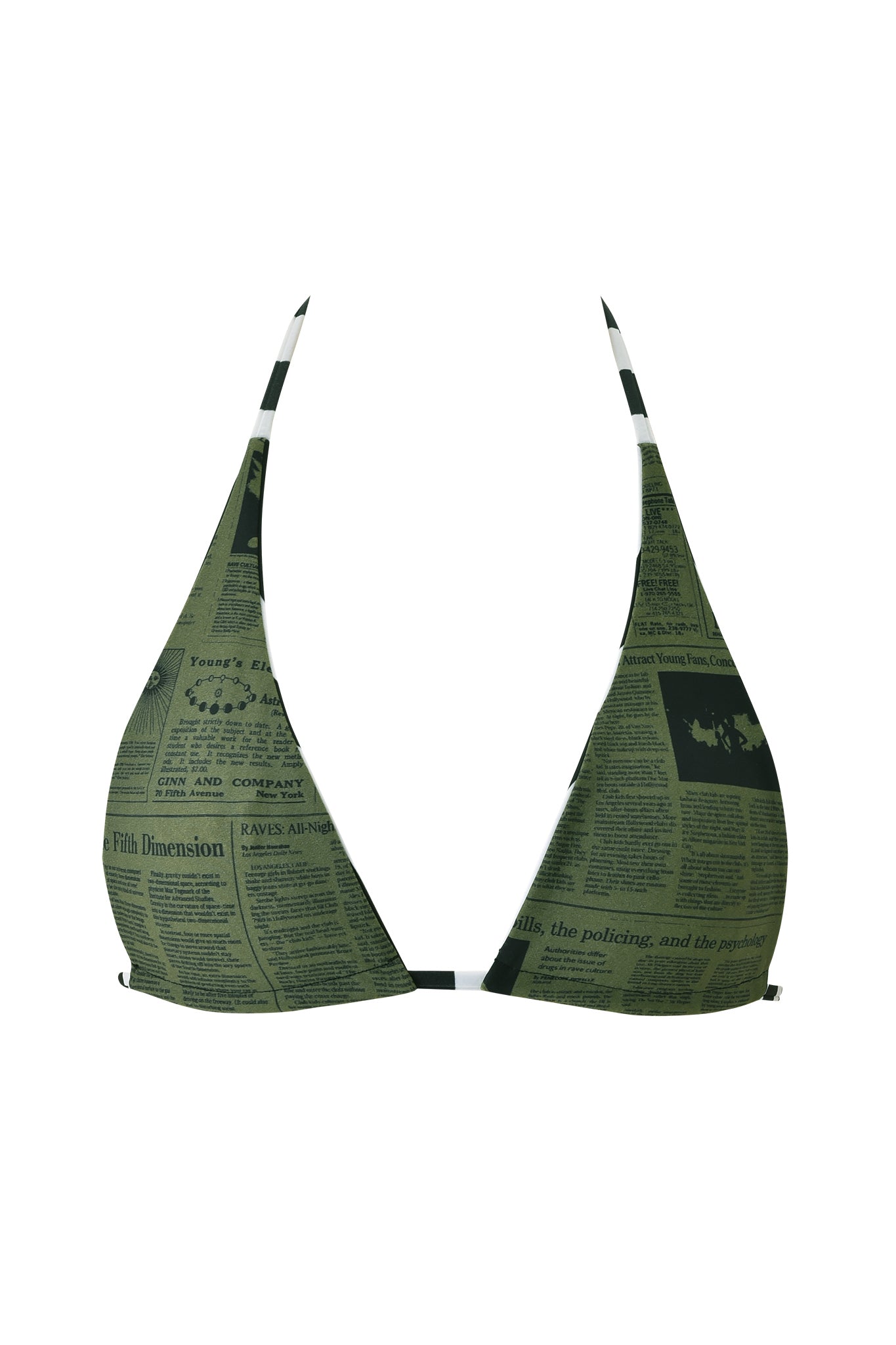 The I.AM.GIA AURETTE REVERSIBLE BIKINI TOP - JAILBIRD STRIPE features a greenish striped newspaper print and visible headlines, with thin adjustable straps for a classic triangle swimwear fit.