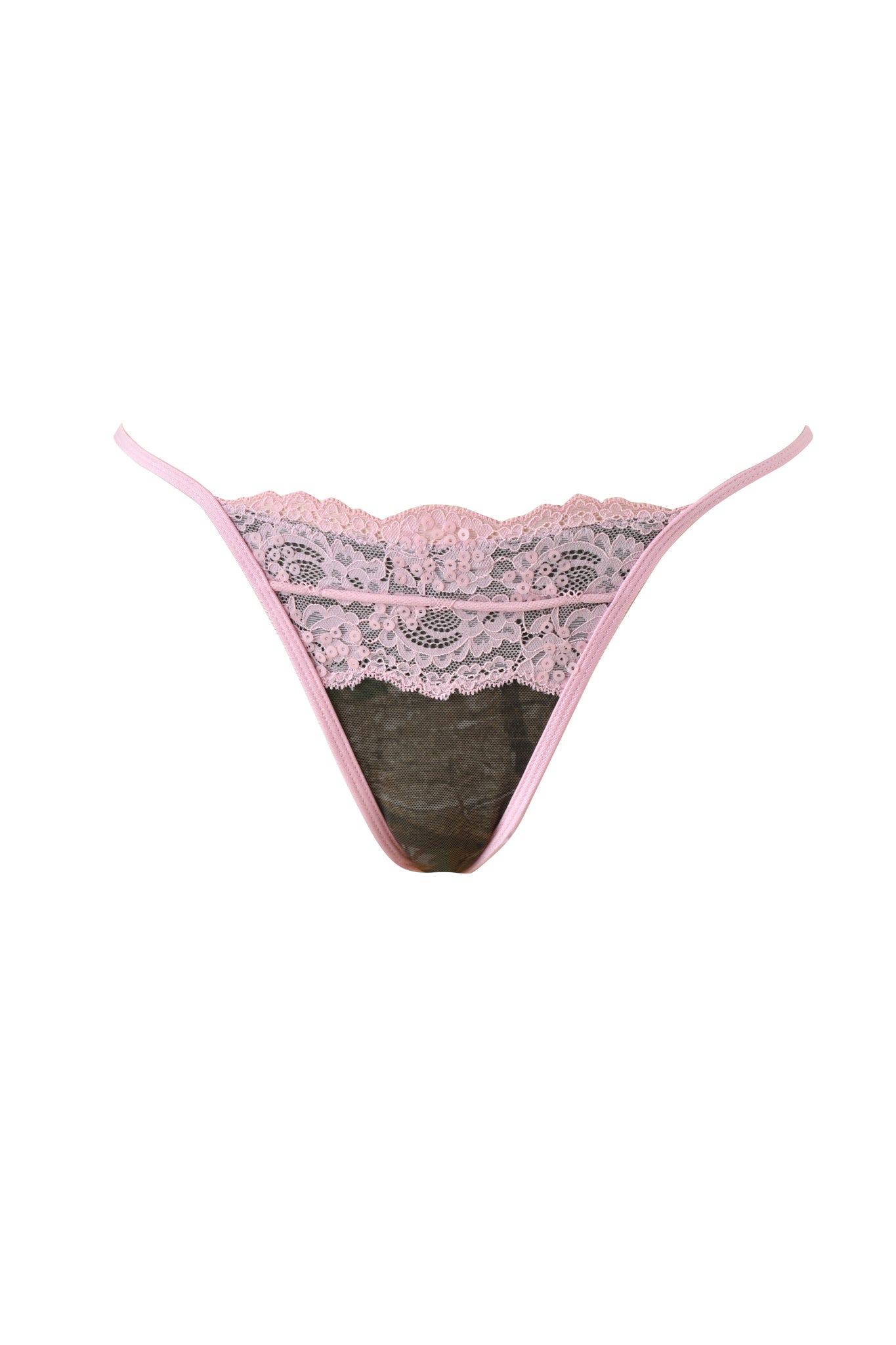 The I.AM.GIA SAKINA BIKINI BOTTOM - BARK AND BITE CAMO features a cheeky fit with a floral camo pattern and thin side straps, shown against a white background.
