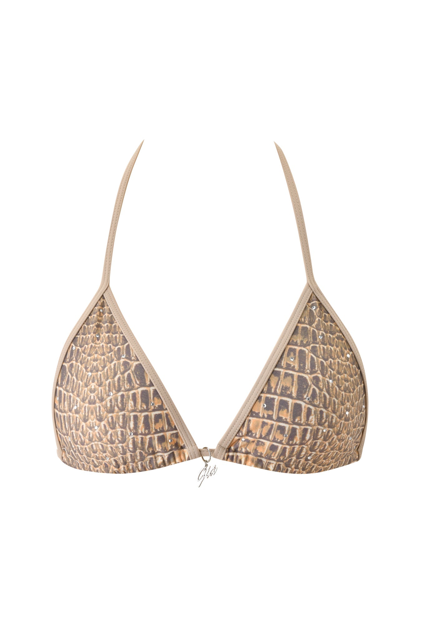 The BABI DIAMONTE STUD BIKINI TOP - REPTILIA by I.AM.GIA features a brown and beige crocodile print, halter neck straps, triangle cups, and a central metallic charm.