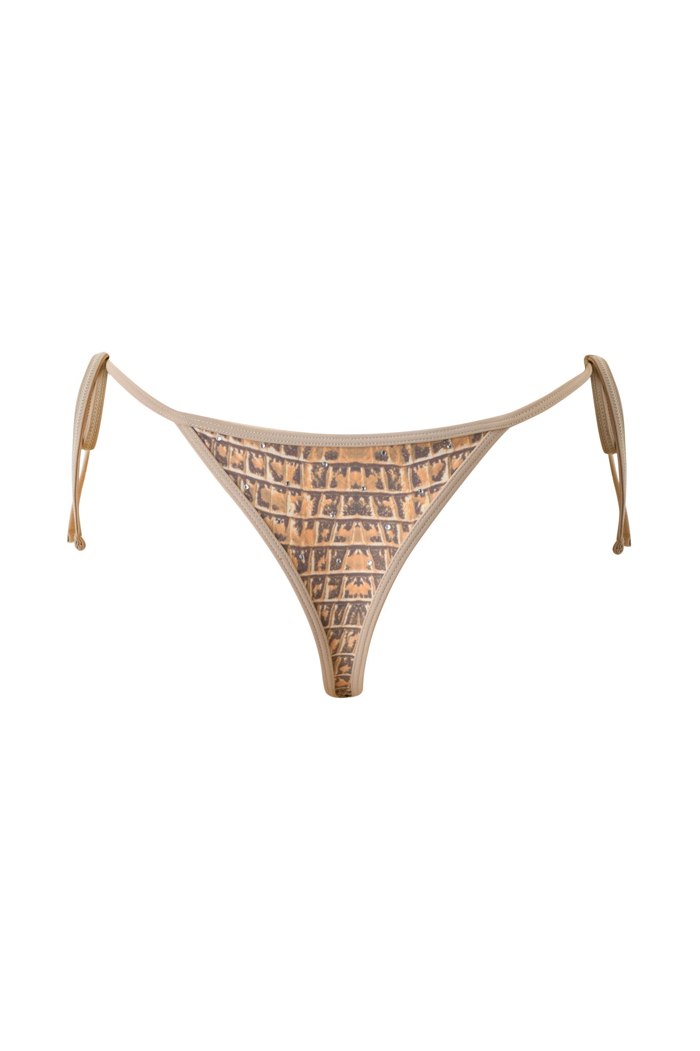 The BABI DIAMONTE STUD BIKINI BOTTOM - REPTILIA by I.AM.GIA features side ties and a bold brown and beige crocodile print for a stylish, standout look.