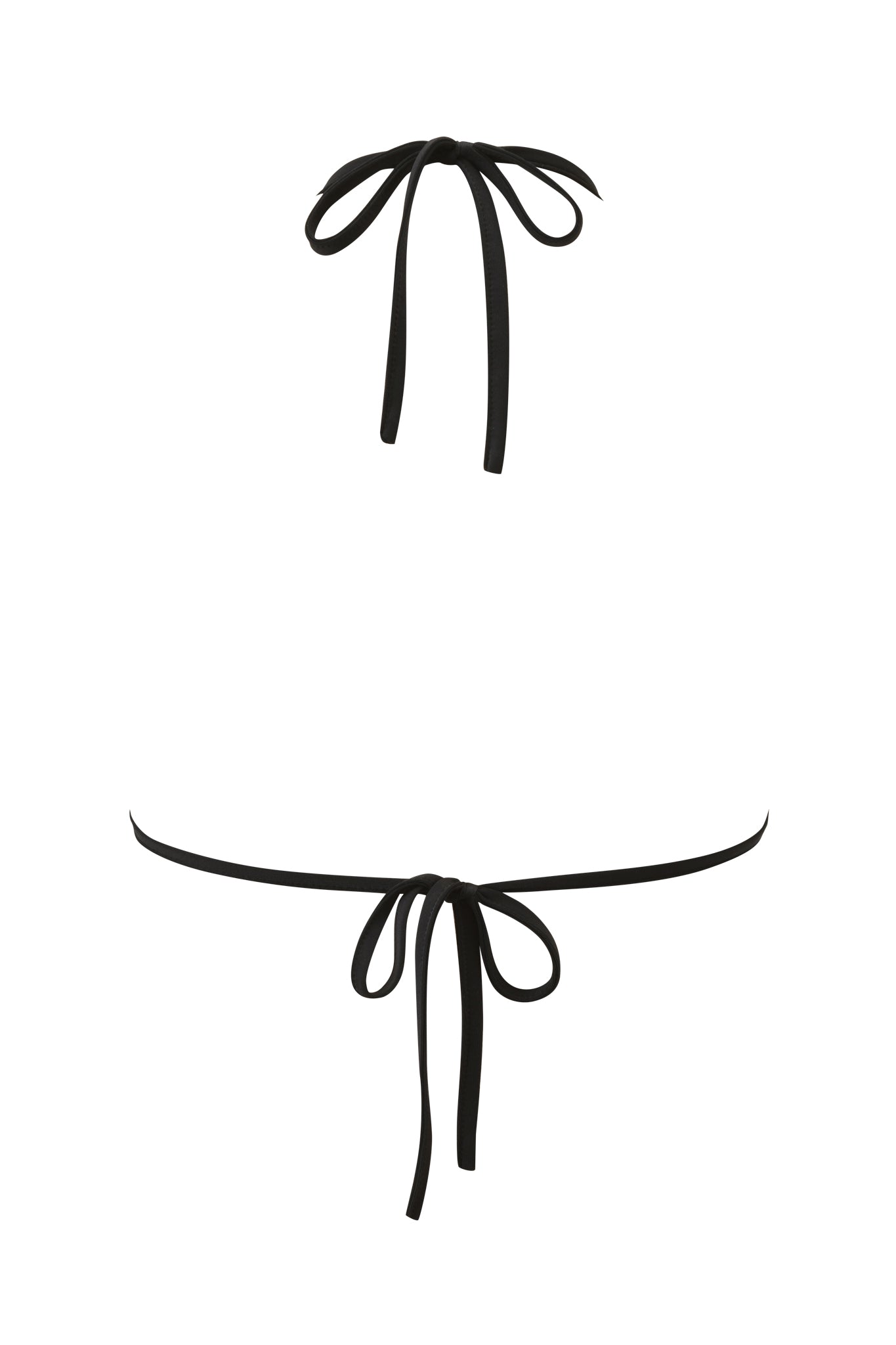 A minimalistic image of the I.AM.GIA BIJOU BIKINI TOP - BLACK with its tied halter neck strap and waistband, displayed on a plain white background.