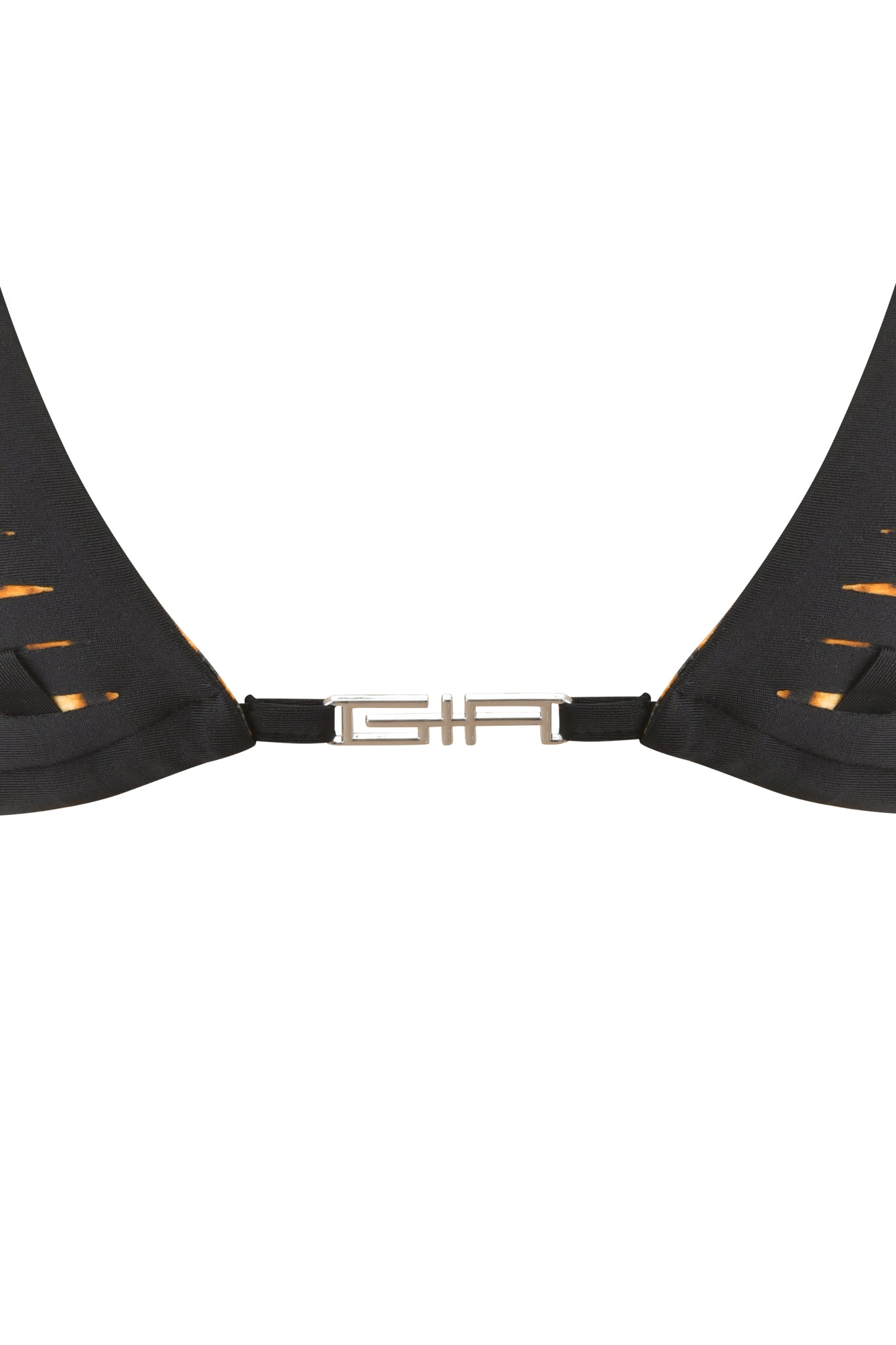 Close-up of the BIJOU BIKINI TOP in black by I.AM.GIA, showing a geometric silver clasp and subtle macrame overlay on the strap, set against a plain white background.
