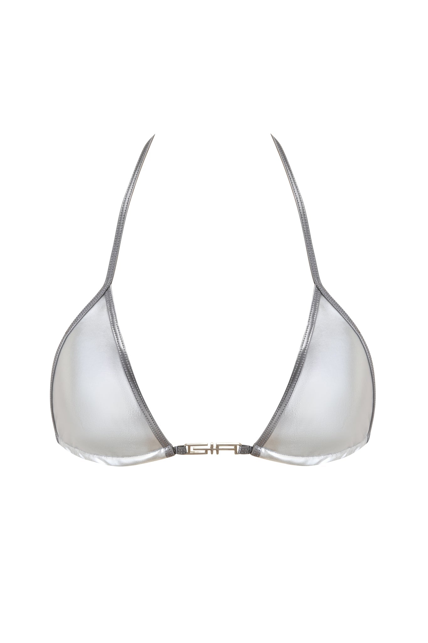 The I.AM.GIA LIOR BIKINI TOP - SILVER features a metallic finish, classic triangle silhouette, thin straps, and a gold front clasp, shown against a white background.
