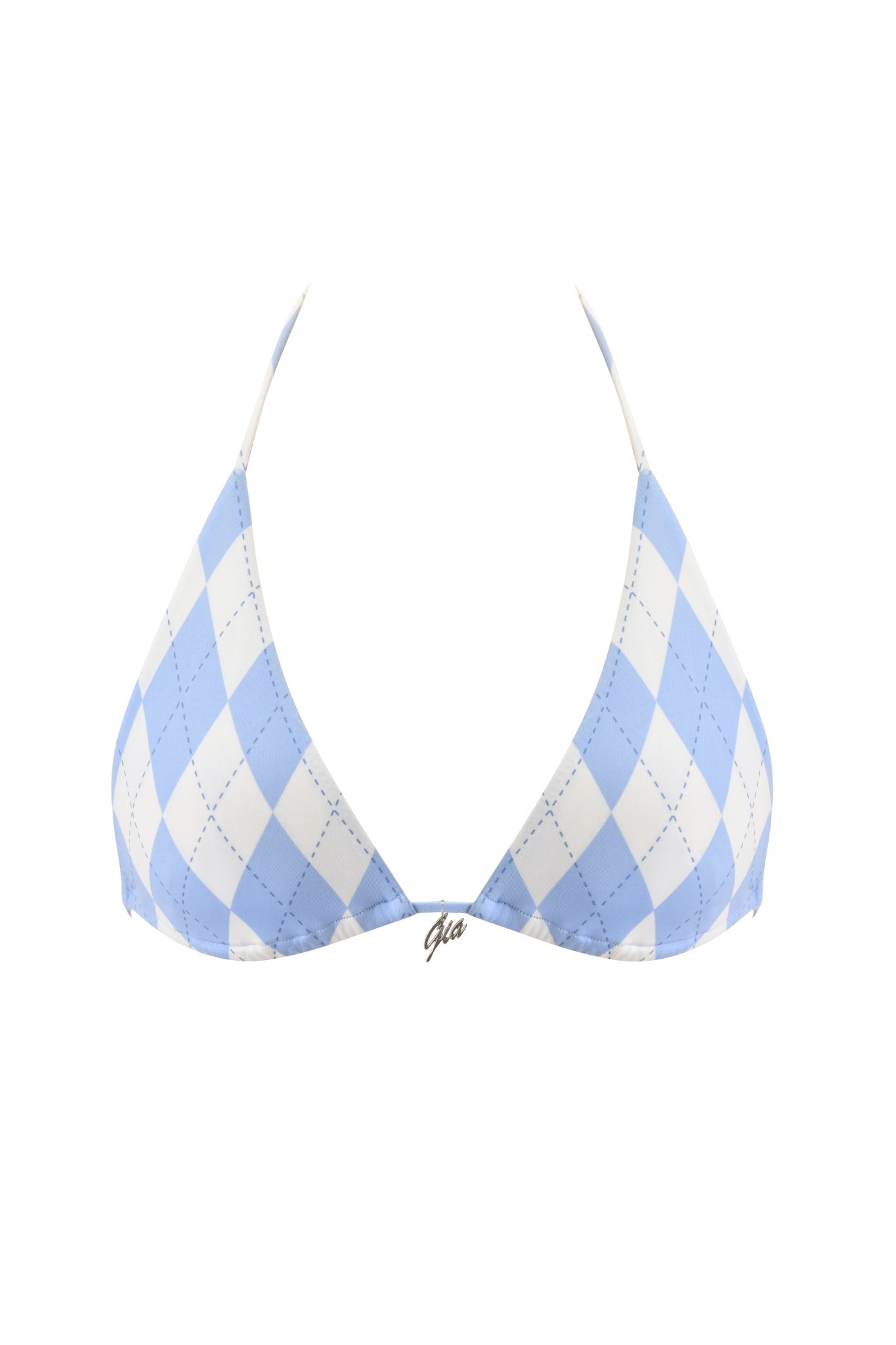 The I.AM.GIA BRITT BIKINI TOP in blue argyle features thin straps, a halter neck, and a small metallic front detail, shown on a plain white background.