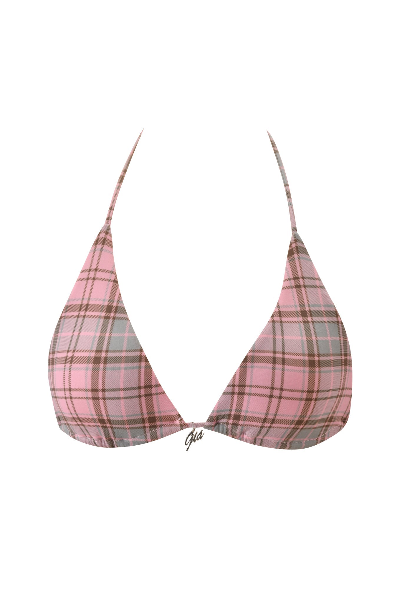 The BRITT BIKINI TOP in pink plaid by I.AM.GIA features a halter neck, thin neck and back straps, and a small metallic front detail for a bold, modern look.