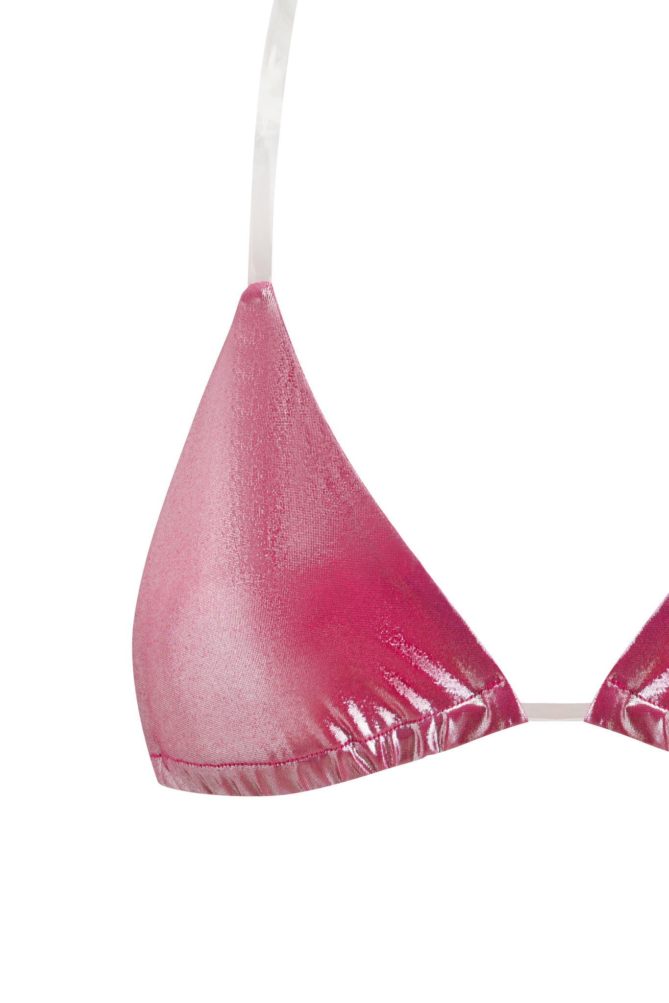 A close-up of the I.AM.GIA SISI BIKINI TOP - PINK, a hot pink metallic triangle bikini top with clear elastic straps, set against a white background.