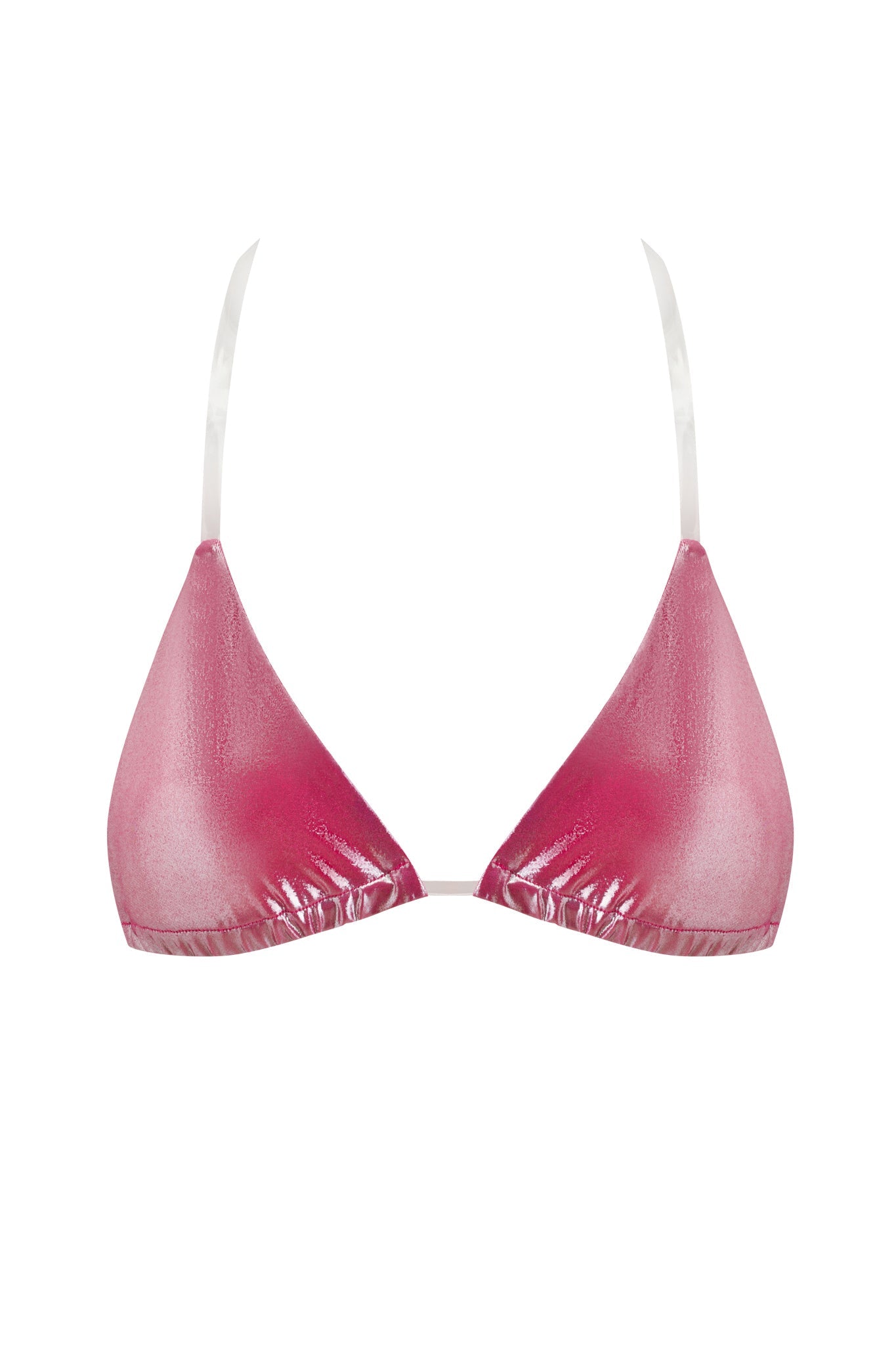 The SISI BIKINI TOP - PINK by I.AM.GIA features a hot pink metallic triangle design with thin white adjustable straps and a shiny finish, shown against a plain white background.