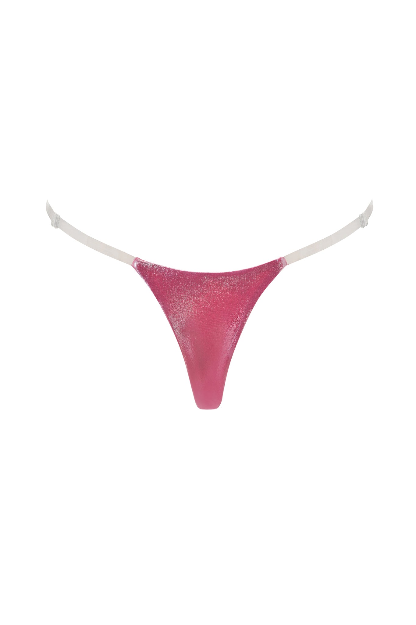 The SISI BIKINI BOTTOM - PINK by I.AM.GIA features a hot pink metallic, shiny finish and white adjustable side straps in a cheeky cut, shown against a plain white background.