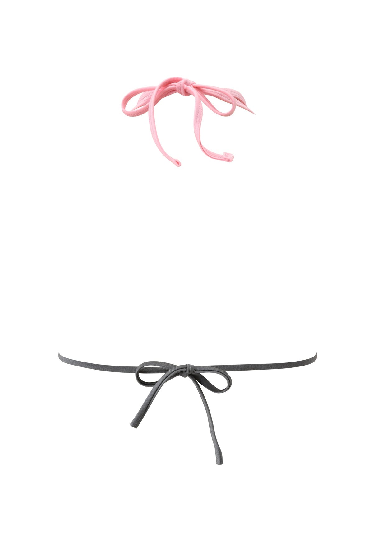 Two strings—one in baby pink and one in black—are tied in bows and float against a white background, evoking the appearance of the CAMERON BIKINI TOP - BABY PINK by I.AM.GIA.