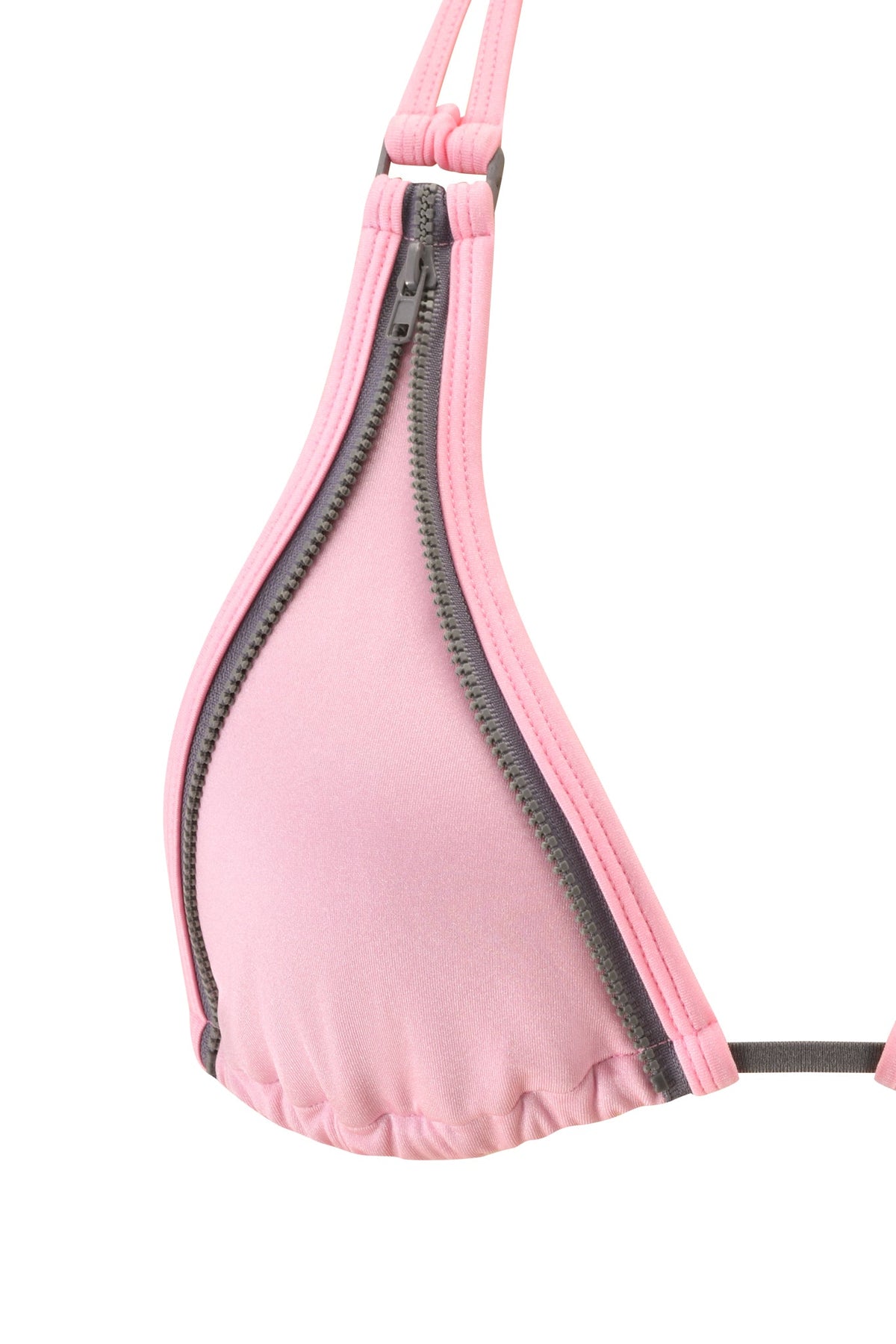 A close-up of the I.AM.GIA CAMERON BIKINI TOP in baby pink showcases its triangle design, featuring a functional black zipper detail along the edge of one cup, photographed against a white background.