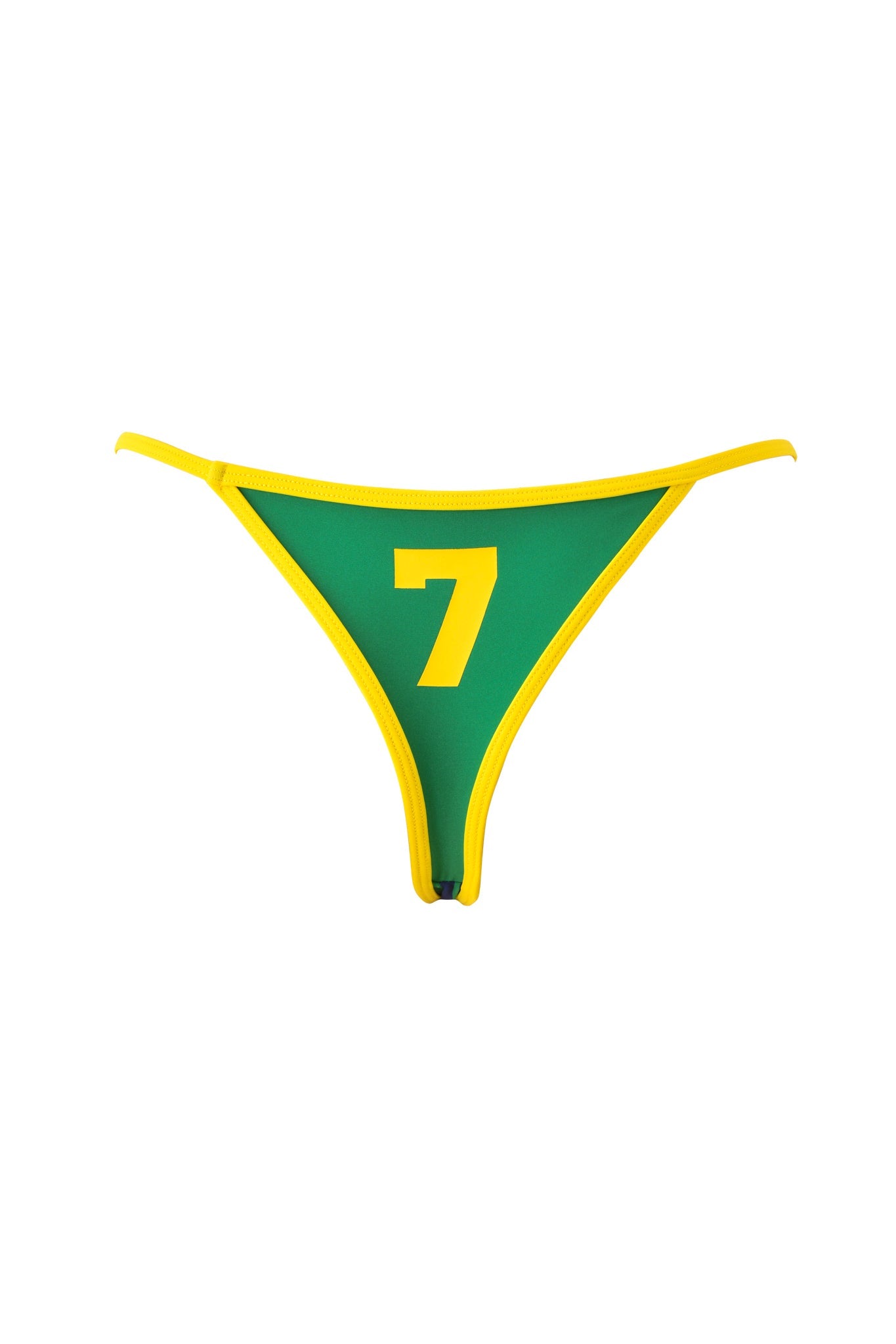 The CARMELLA BIKINI BOTTOM - GREEN by I.AM.GIA is a green bikini bottom with yellow trim, a bold yellow number 7 on the front, and a high-cut leg with a low-rise waist for a sporty, flattering fit.