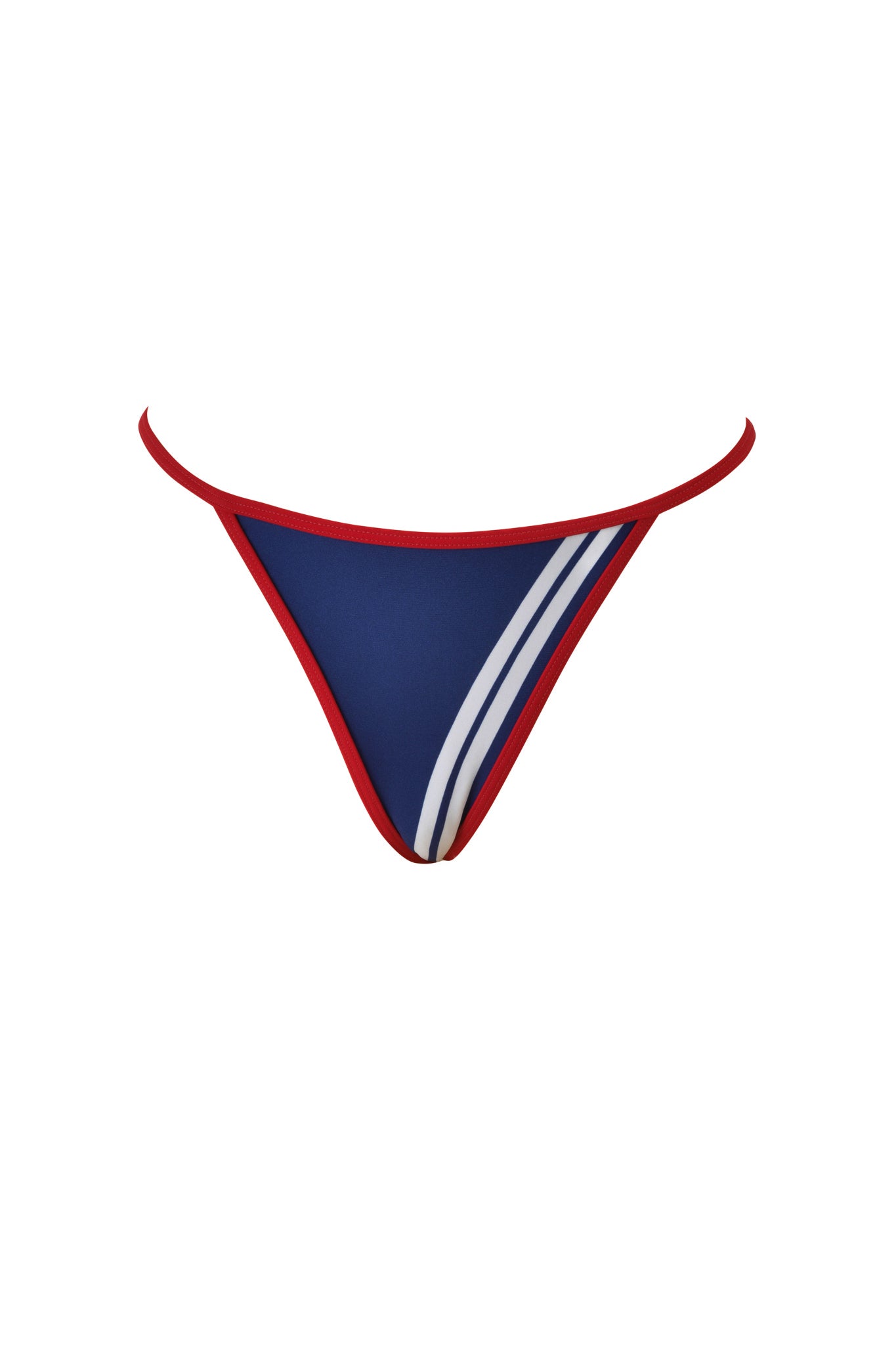The CARMELLA BIKINI BOTTOM - NAVY by I.AM.GIA features a high cut leg, red trim, and two white diagonal stripes on one side, shown against a plain white background.
