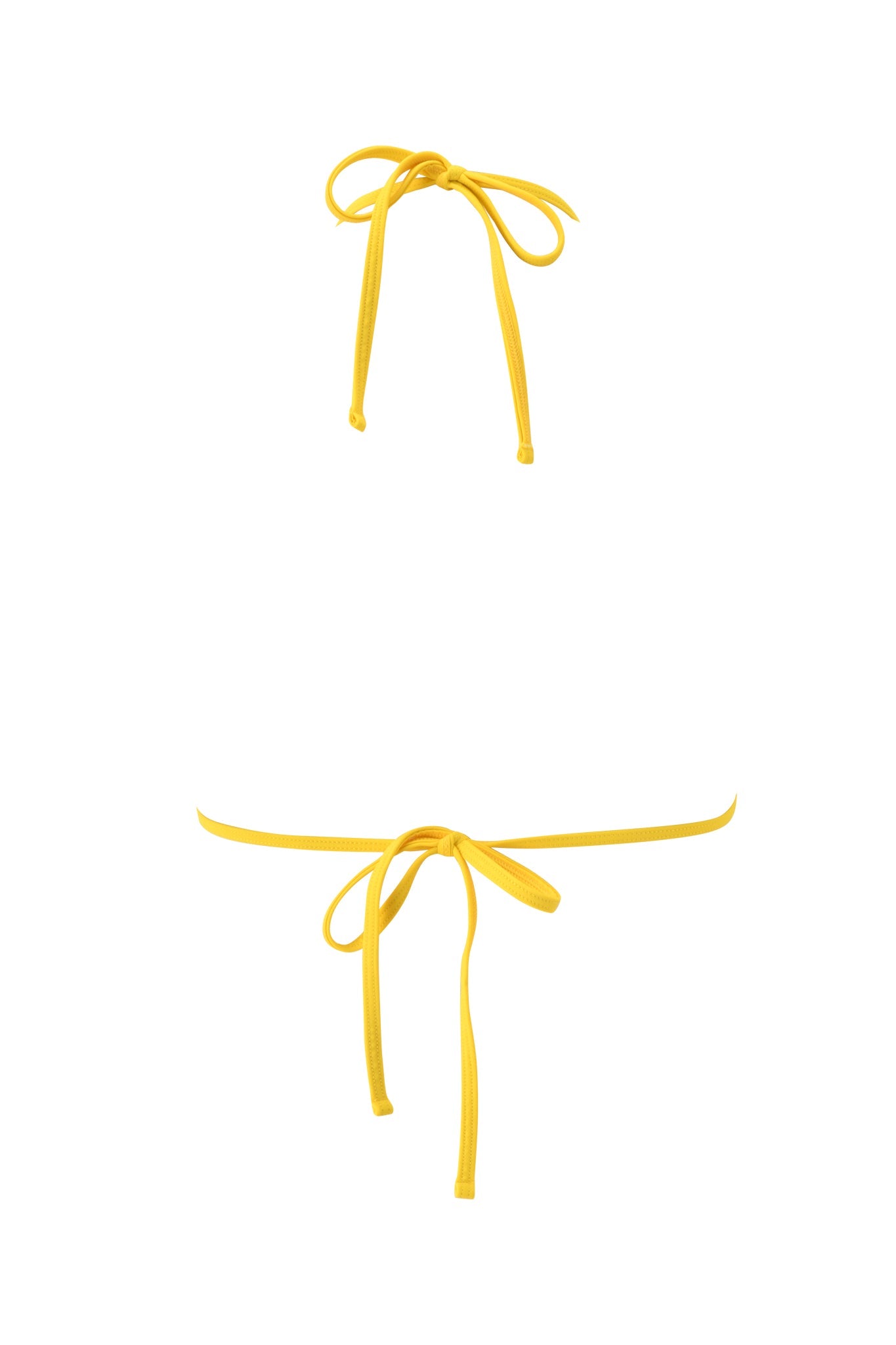 Two green strings tied in bows, one at the top and one near the center of a white background, echo the playful design of the CARMELLA BIKINI TOP by I.AM.GIA—ideal for recreating fresh summer swimwear vibes.