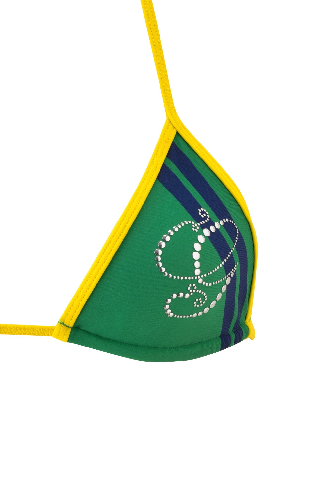 A close-up of the I.AM.GIA CARMELLA BIKINI TOP in green, detailed with yellow trim, blue diagonal stripes, and a rhinestone "C" embellishment.