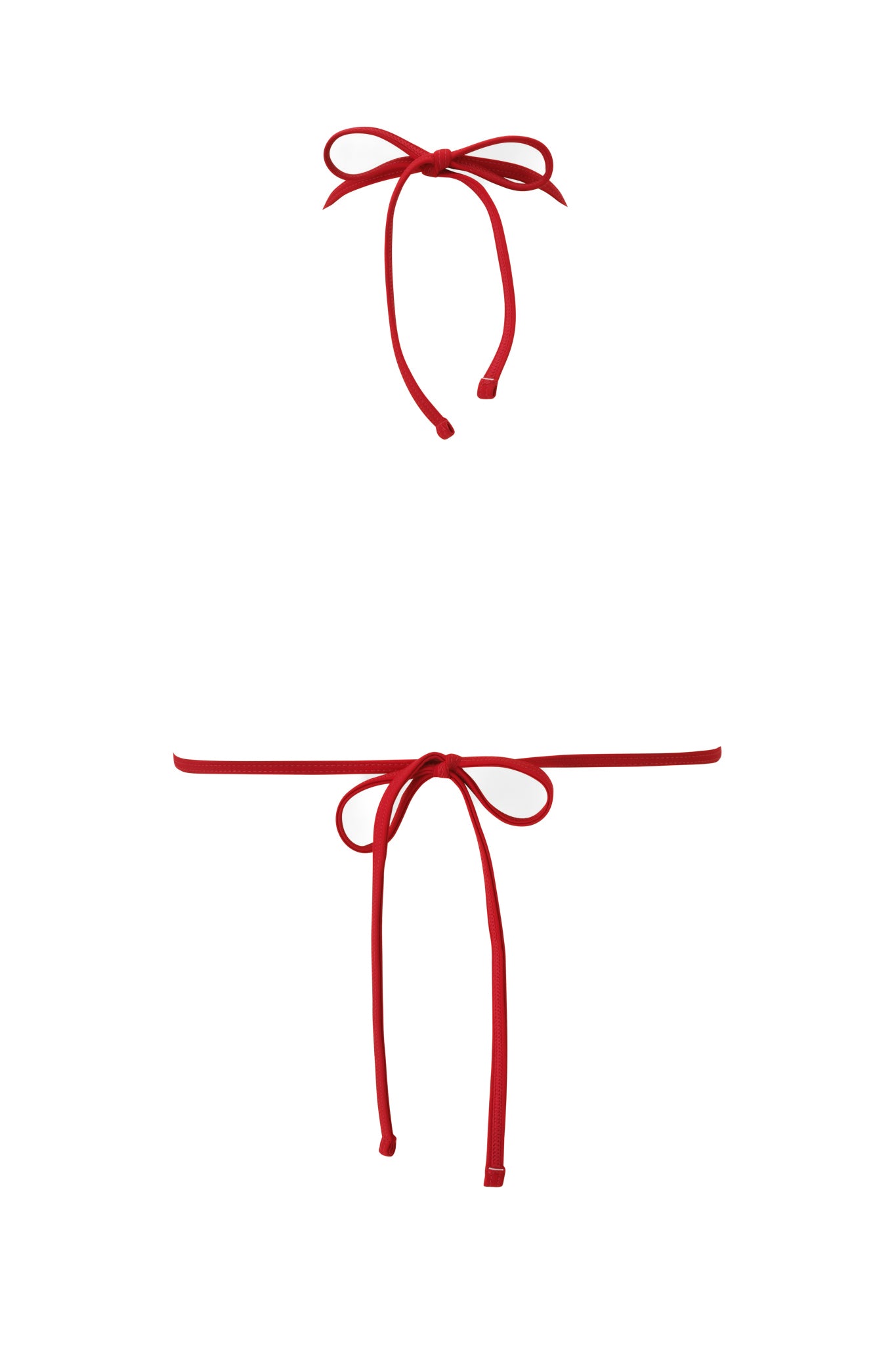 Two navy bikini strings from the I.AM.GIA CARMELLA BIKINI TOP are tied into bows at the top and bottom against a white background, creating ample negative space that echoes the playful simplicity of a triangle bikini top.