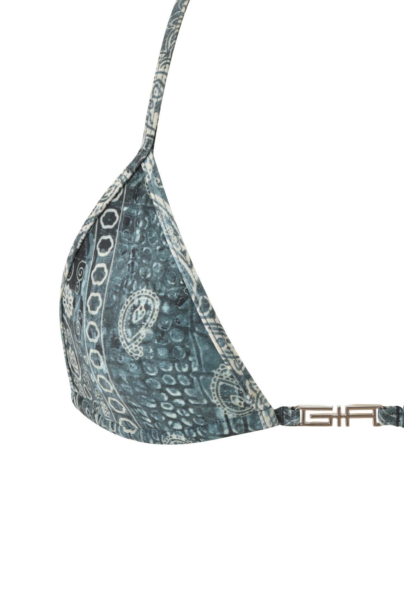 A close-up of the I.AM.GIA T-REX AVA BIKINI TOP in the blue bandana paisley print, featuring a metallic clasp on the strap.
