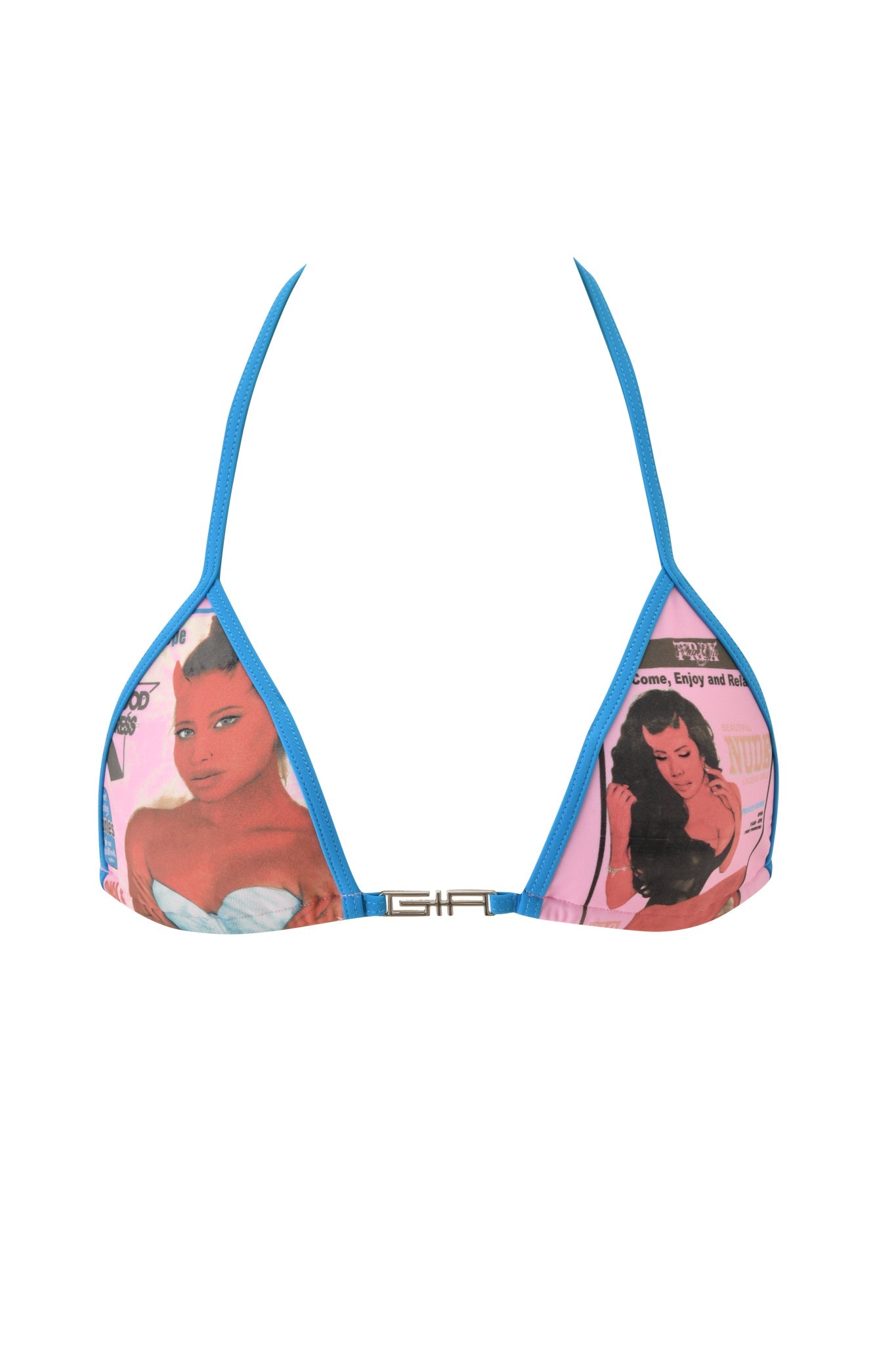 The I.AM.GIA T-REX AVA BIKINI TOP - PINK features a baby pink hue with blue straps and a playful pink pattern adorned with illustrated images of women, text, and retro-style graphics, drawing inspiration from the signature Ava Bikini style.