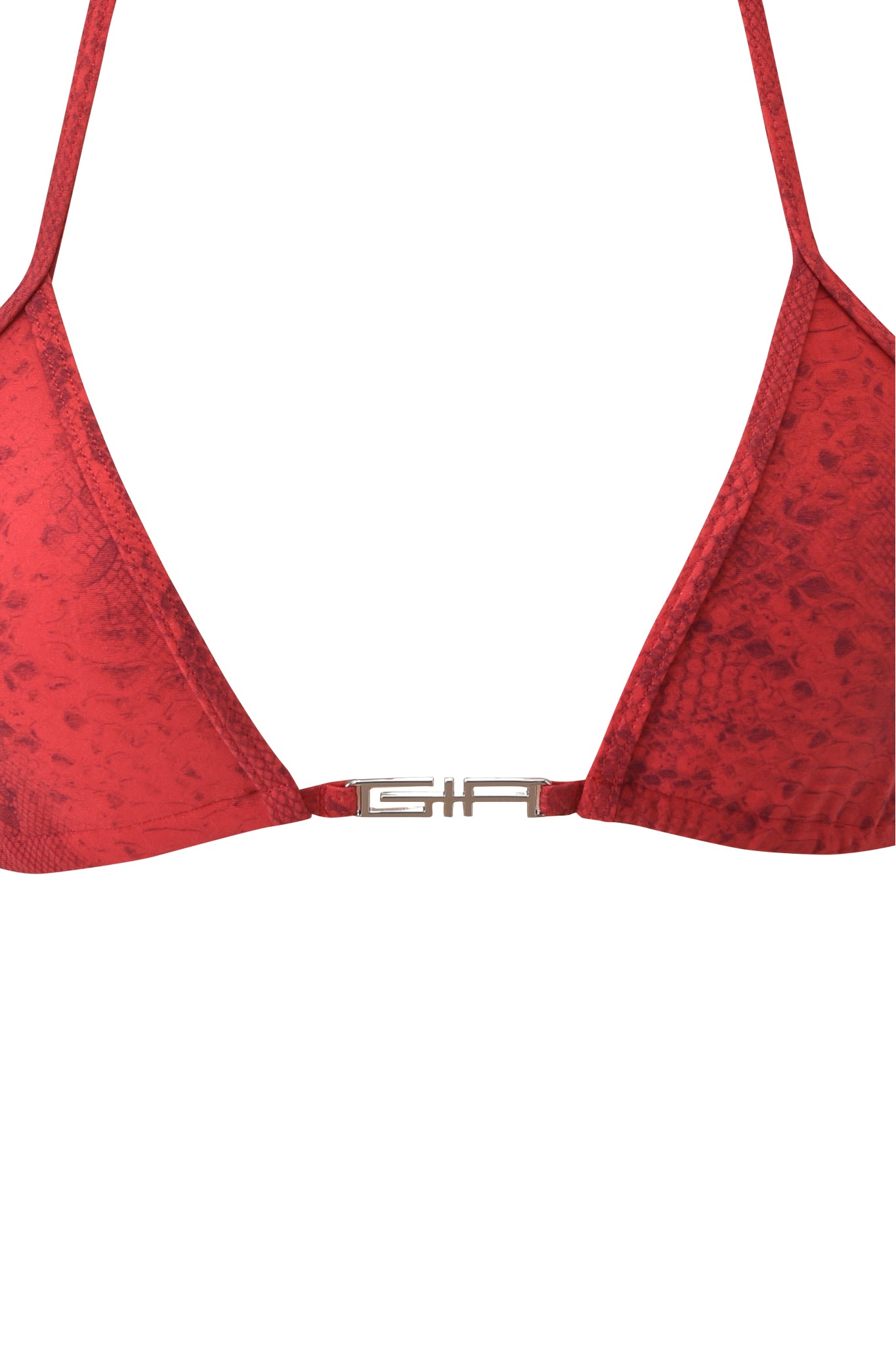 Close-up of the AVA BIKINI TOP - RED SERPENTINE by I.AM.GIA, featuring a red snake print with textured pattern, thin straps, and a center metallic clasp engraved with the stylized “GIA” logo.