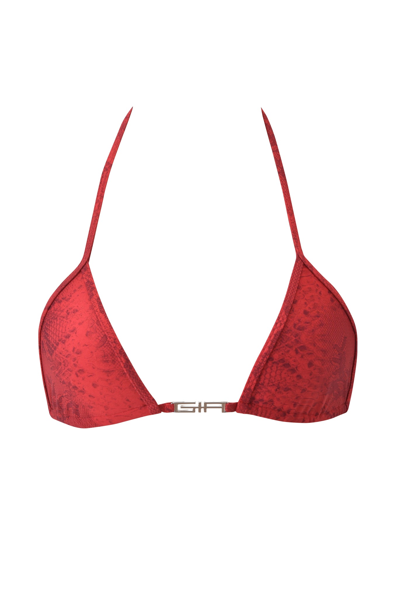 AVA BIKINI TOP - RED SERPENTINE by I.AM.GIA: Red snake print triangle bikini top with thin halter neck straps and a metallic front clasp, shown on a white background.
