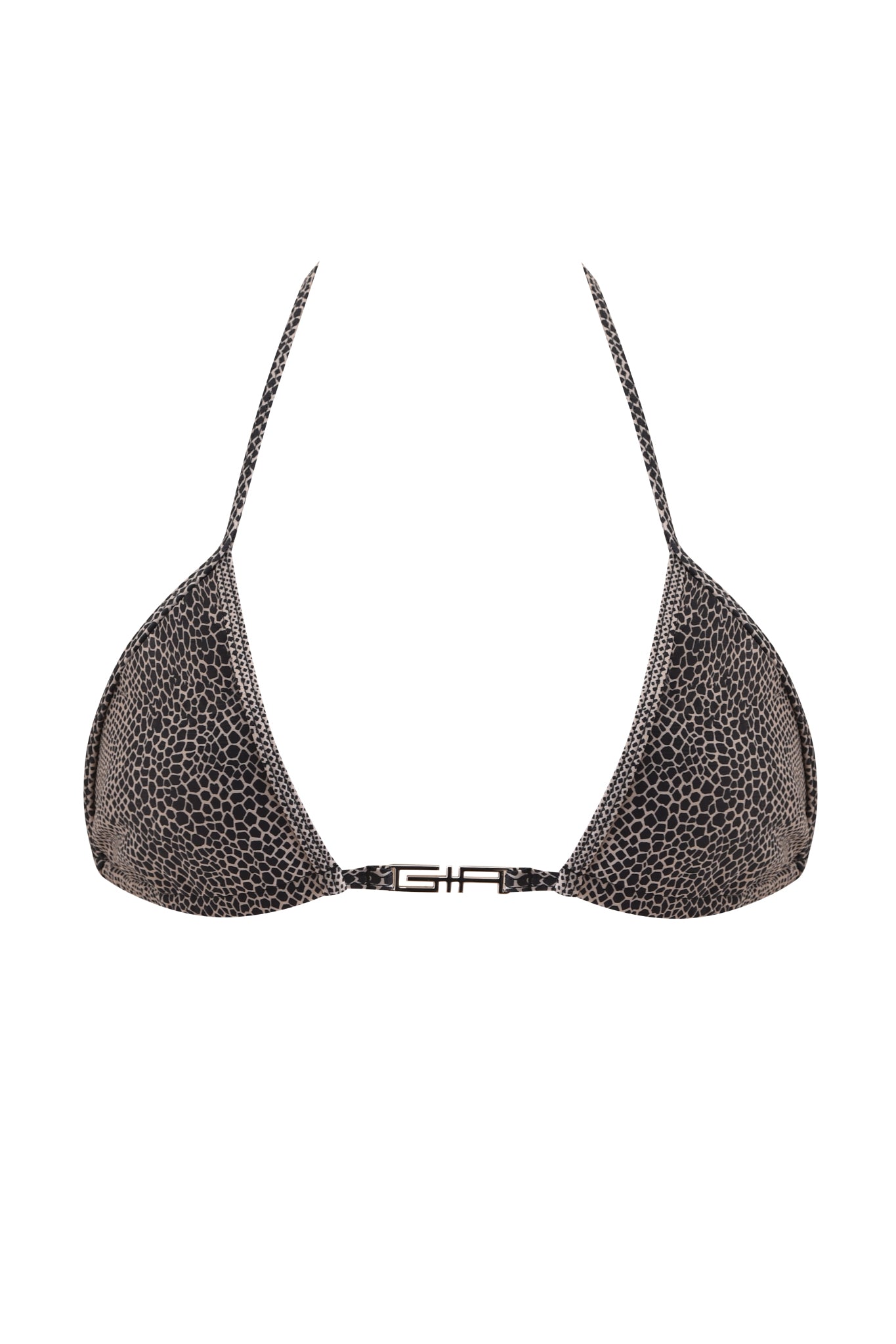 The AVA BIKINI TOP - SERPICO by I.AM.GIA features a leopard print, thin halter neck and back ties, and a small metallic clasp at the center front.