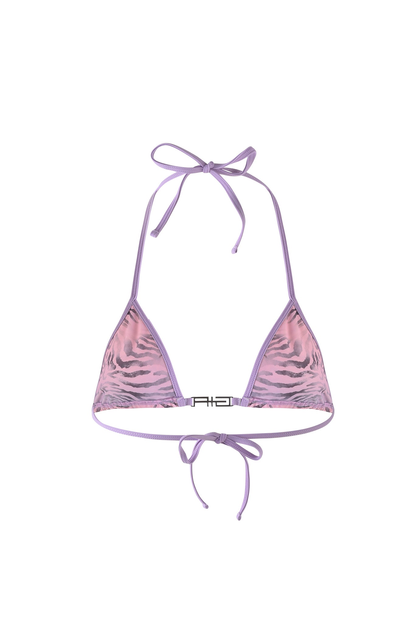 The AVA BIKINI TOP - PURPLE : ZEBRA by I.AM.GIA features a lavender and pink zebra ombre print with triangular cups, neck and back ties, and a small metallic buckle at the front center for secure fastening. The vibrant pattern and soft hues give it a trendy, eye-catching appeal.