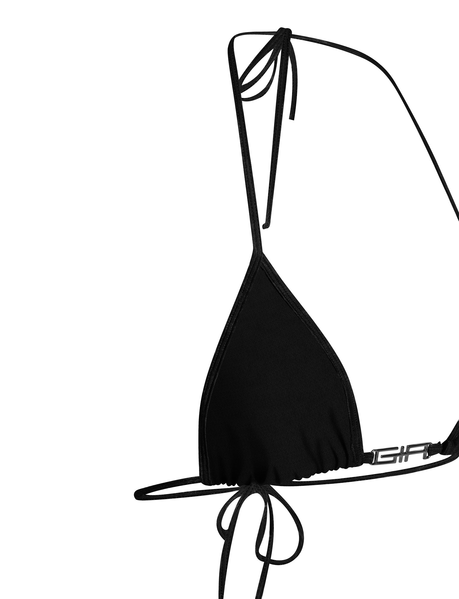 The AVA BIKINI TOP - SOLID BLACK from I.AM.GIA features a black triangle design with thin shoulder and underbust straps. It has a minimalist style and offers adjustable ties at the neck and back for a customizable fit. The sleek, smooth fabric makes it perfect for swimwear.