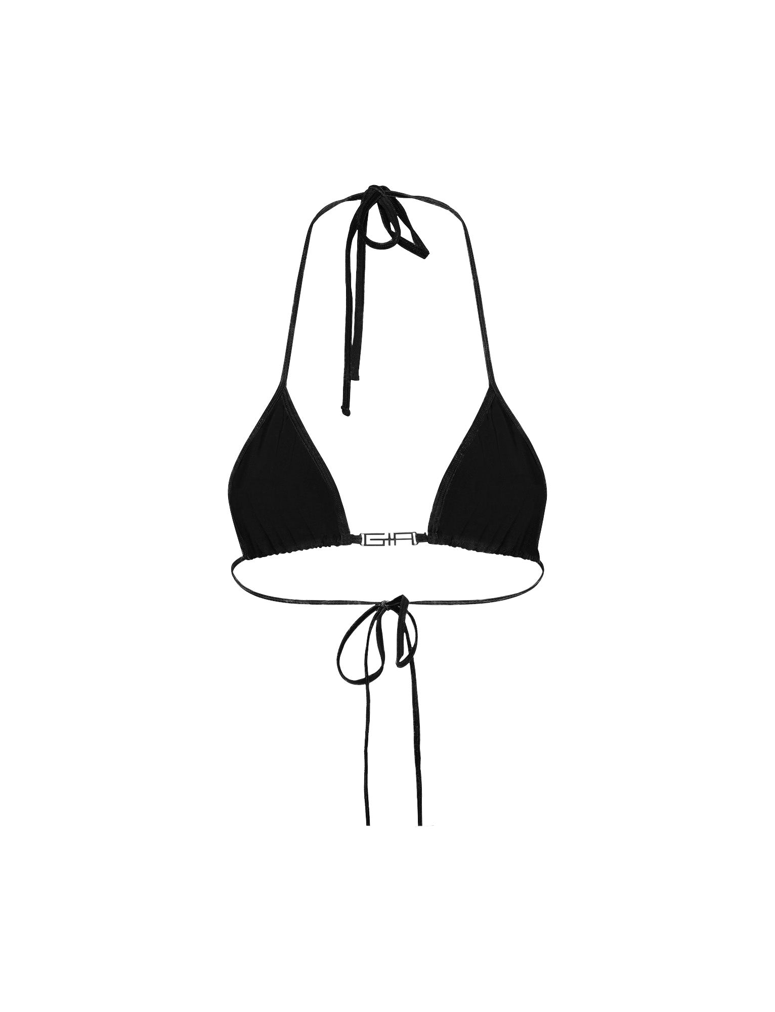 The AVA BIKINI TOP - SOLID BLACK by I.AM.GIA features a solid black triangle design with adjustable halter neck and back ties. These long, thin ties provide secure fastening around the neck and back, while subtle text on the band below the cups enhances a flawless bodycon fit.