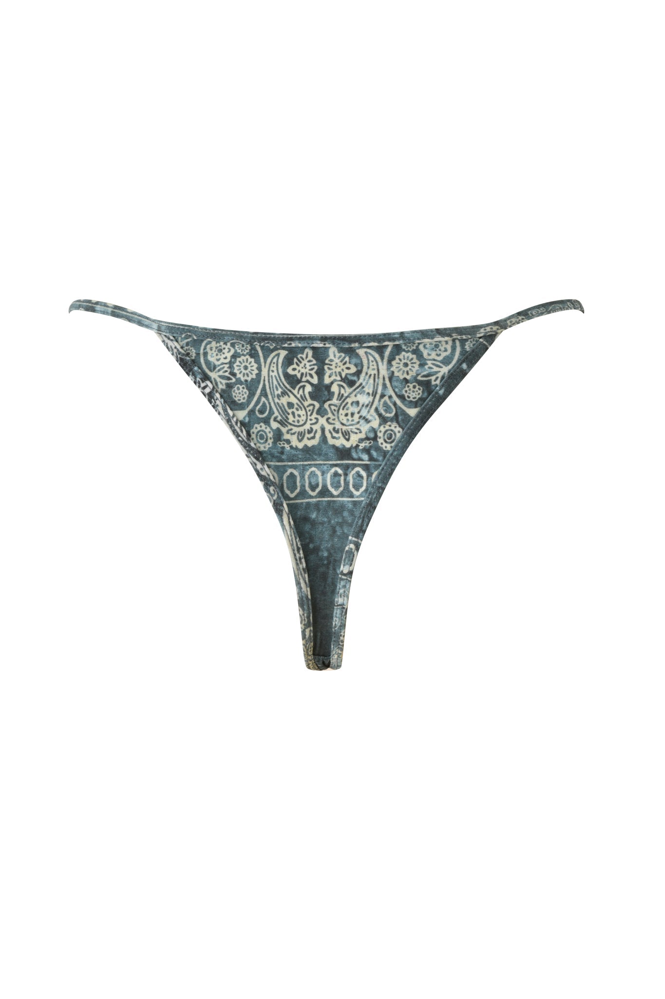 The I.AM.GIA T-REX AVA BIKINI BOTTOM - BLUE BANDANA is a blue-green G-string thong featuring a white floral and geometric bandana pattern, displayed on a plain white background.
