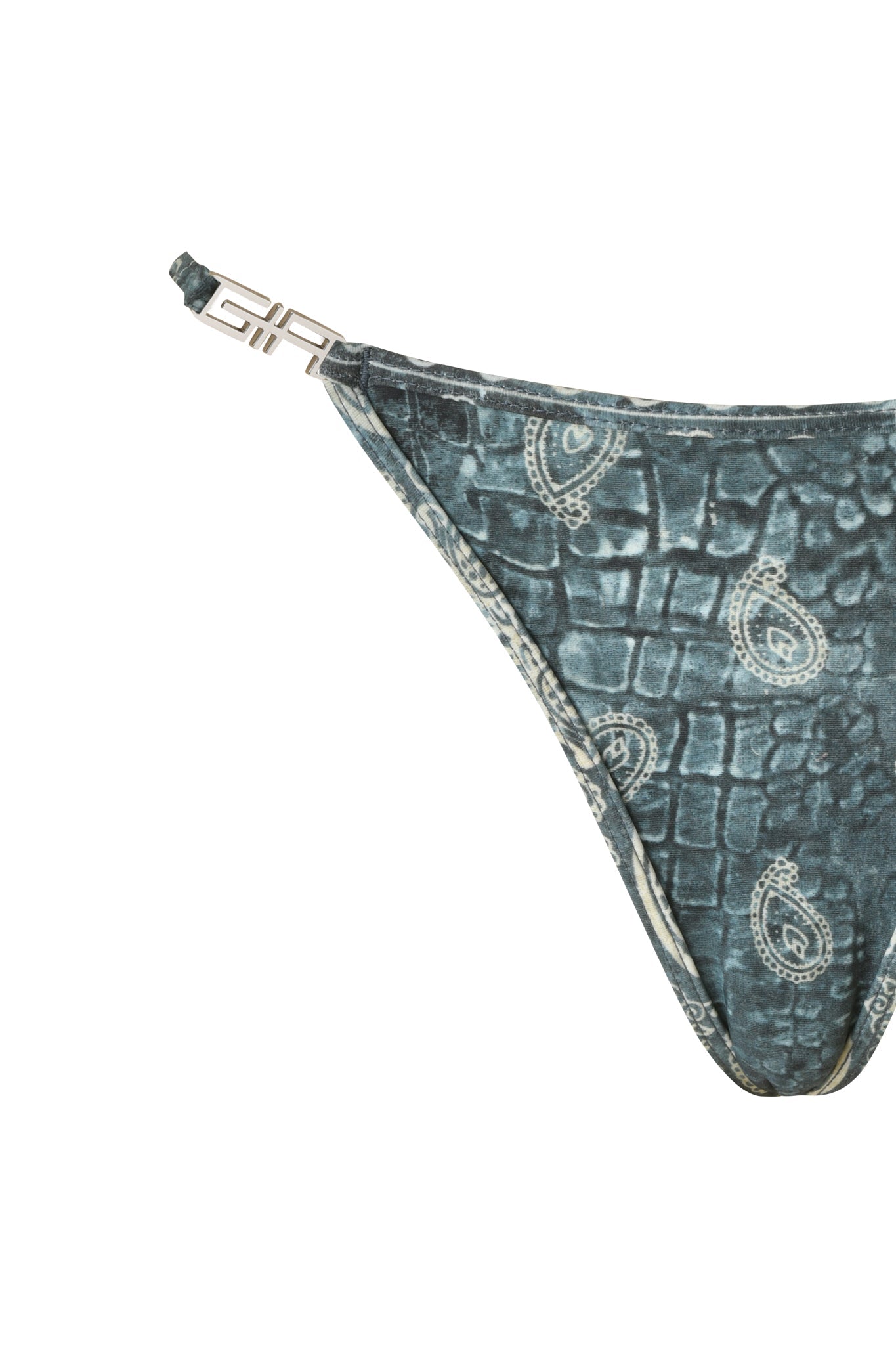 Close-up of the I.AM.GIA T-REX AVA Bikini Bottom in Blue Bandana, showcasing its distinct blue bandana pattern and a metallic decorative strap on one side.