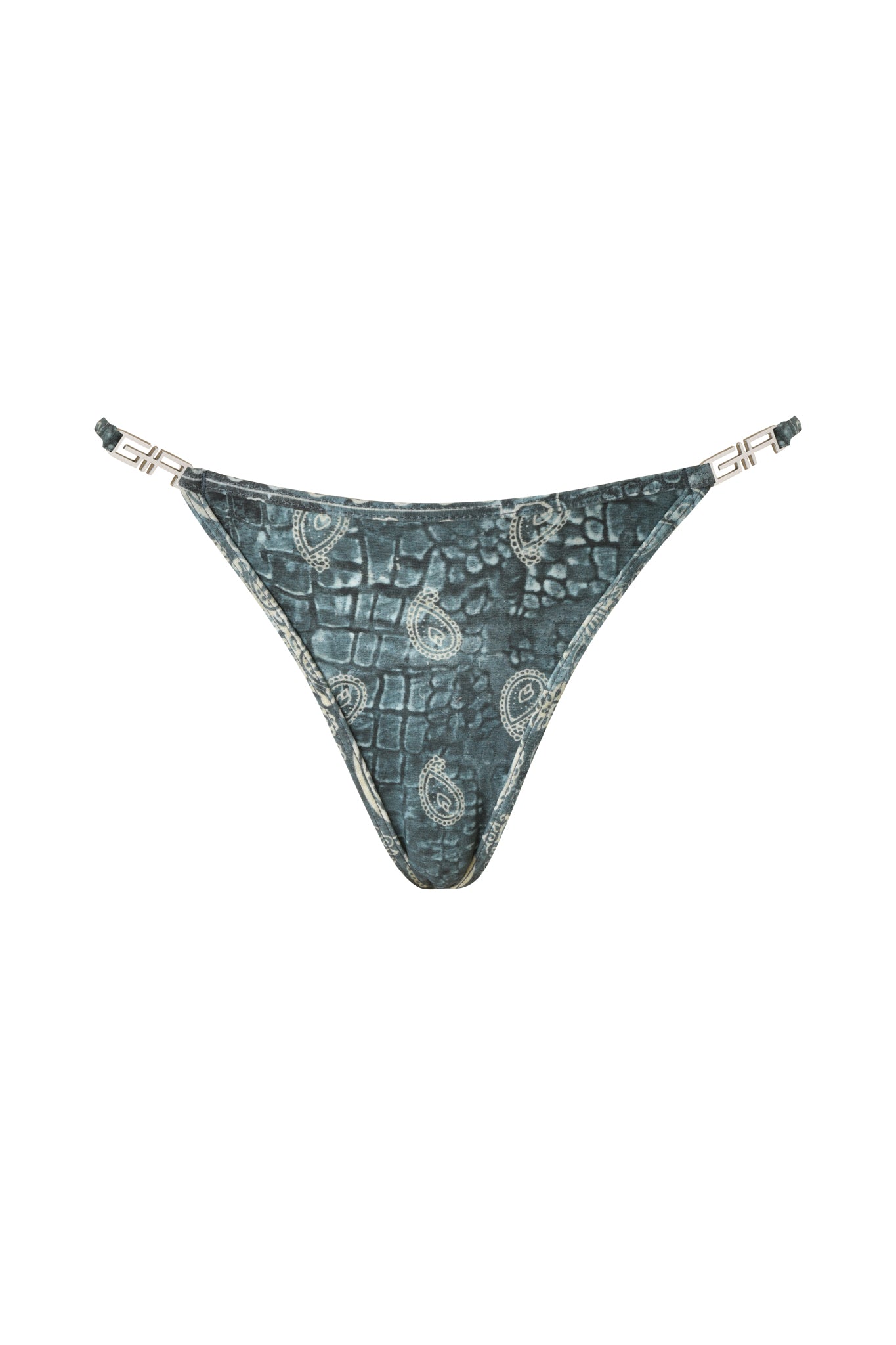 Blue bikini bottom with a bandana print and silver paisley accents, inspired by our signature Ava Bikini style. Features thin side straps with metallic clasps for an elegant touch. Shown on a white background. Product name: T-REX AVA BIKINI BOTTOM - BLUE BANDANA by I.AM.GIA.