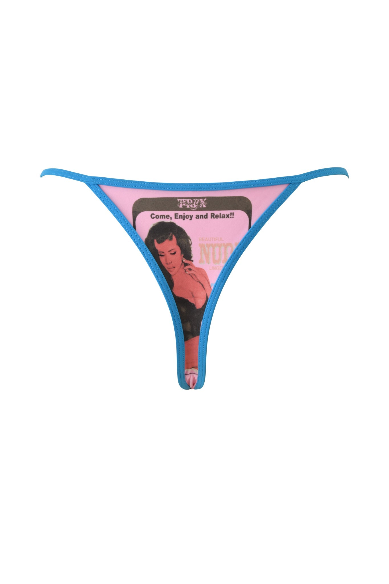 The I.AM.GIA T-REX AVA BIKINI BOTTOM - PINK features a G-string silhouette with blue trim and a retro pin-up graphic on the front, set against a baby pink background and accented by partially visible “Come, Enjoy and Relax!!” text.
