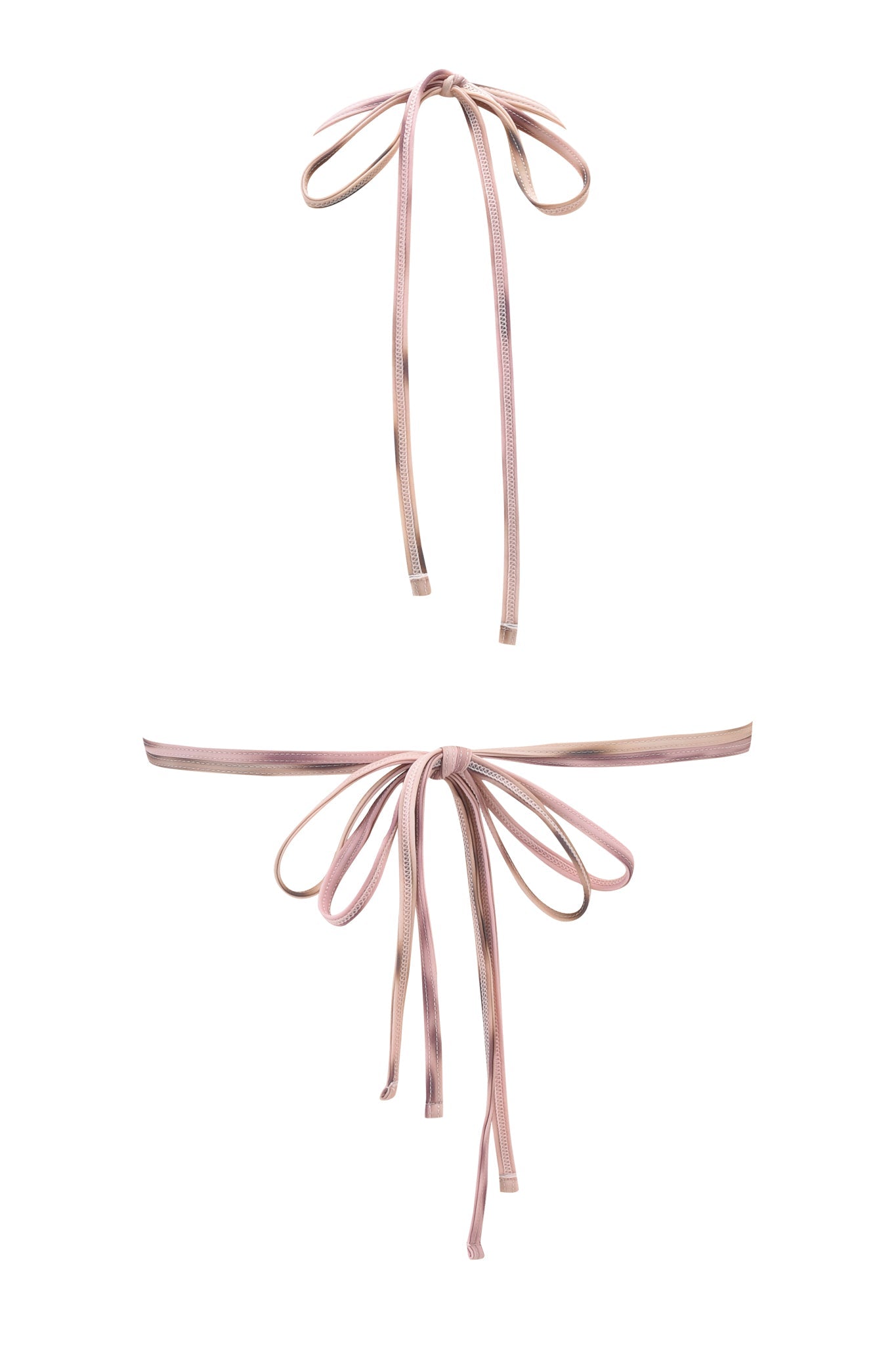 The NIKYTA BIKINI TOP - BLURRED CHEETAH by I.AM.GIA is a separate triangle bikini top with thin, shiny pink and beige striped straps tied into bows, displayed flat against a white background.