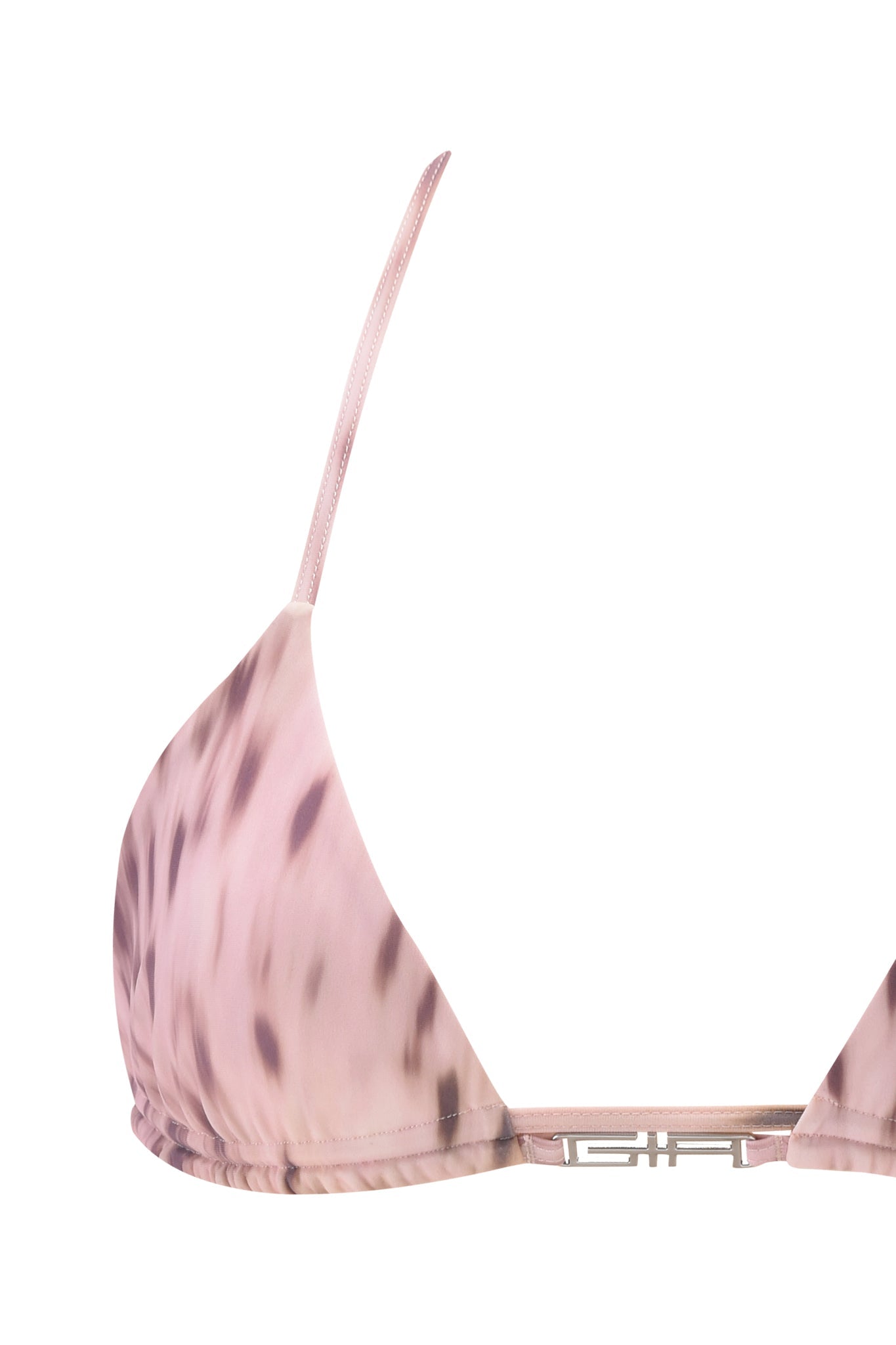 A close-up of the I.AM.GIA NIKYTA BIKINI TOP - BLURRED CHEETAH shows a pink cheetah print triangle design, thin straps, and a metal clasp at the center front.