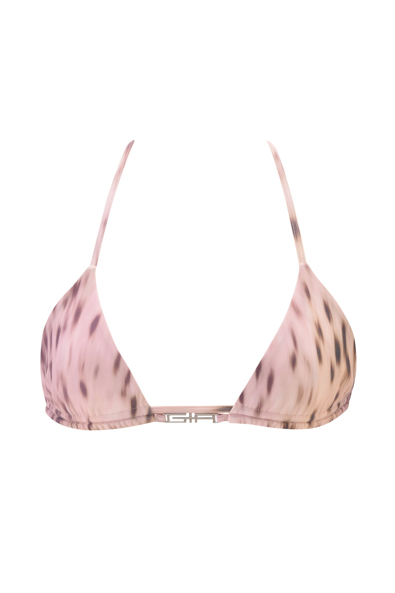The NIKYTA BIKINI TOP - BLURRED CHEETAH by I.AM.GIA features a light pink cheetah print, triangle silhouette, thin straps, and a small center band clasp.