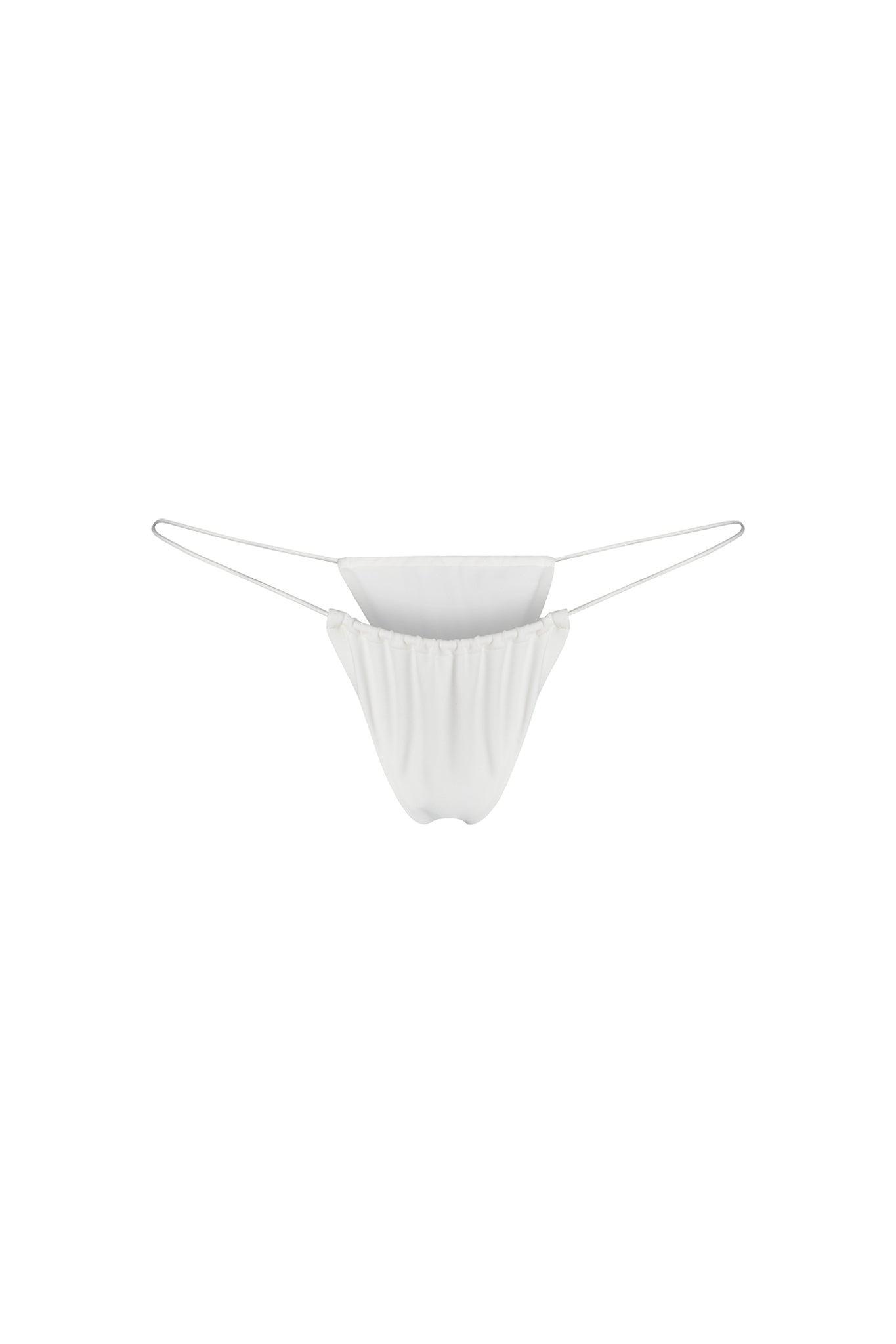 The BAMBI BIKINI BOTTOM in white from I.AM.GIA is showcased against a plain white background. It boasts thin, stretchy side bands and a small, gathered front panel, highlighting its sleek and minimalist design.