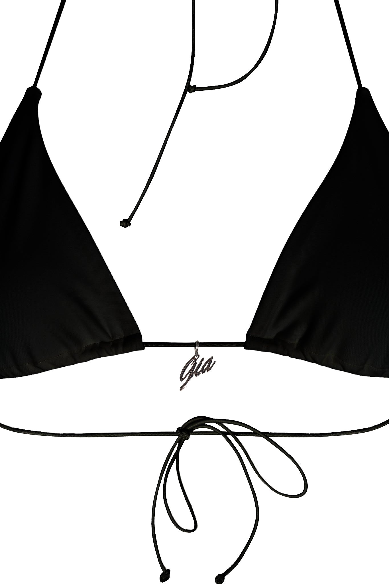 The BAMBI BIKINI TOP - BLACK by I.AM.GIA features thin straps and a front center tie detail, complemented by a small, cursive metal charm at the bottom edge, creating a simple yet elegant look.
