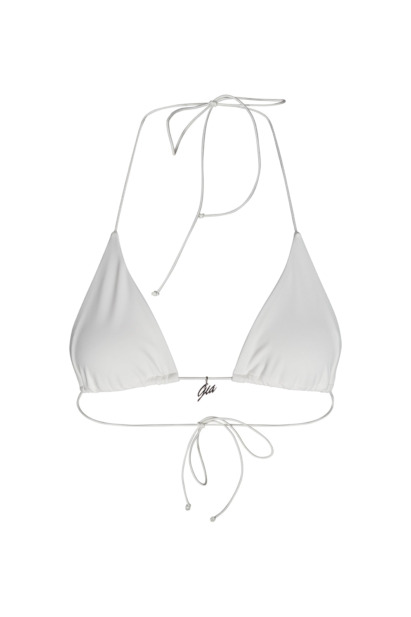 The BAMBI BIKINI TOP - WHITE from I.AM.GIA features triangle cups and thin, adjustable strings that tie at the neck and back. An additional string sits elegantly below the bust, while the center front is adorned with an elegant cursive "Gia" logo.