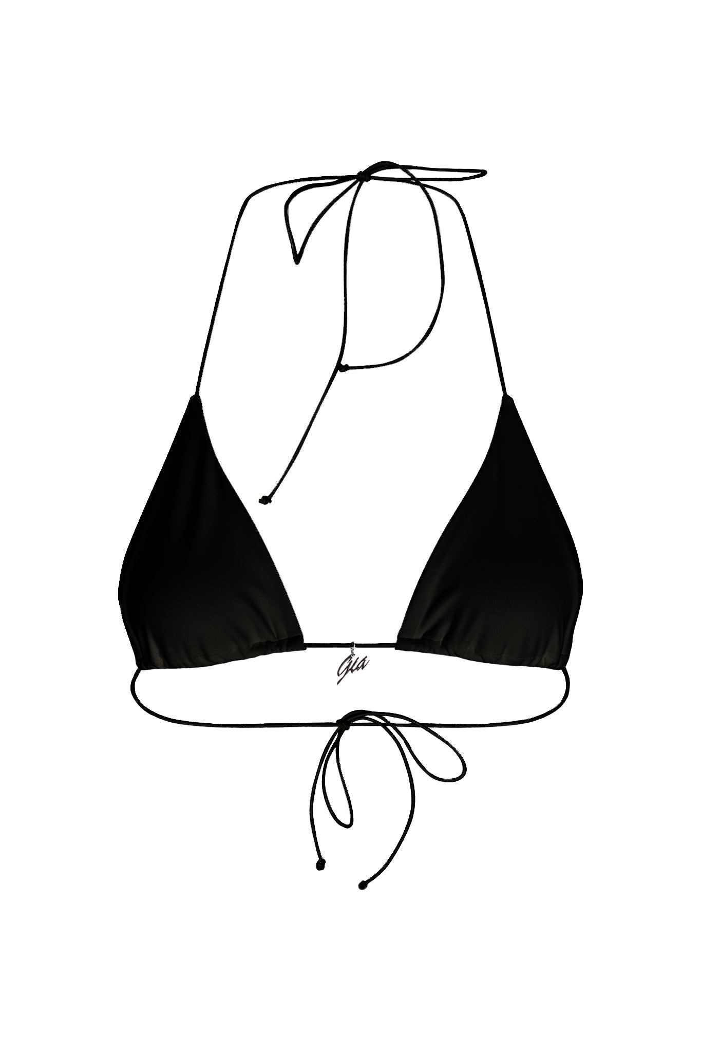The BAMBI BIKINI TOP - BLACK by I.AM.GIA features a black triangle design with thin straps for tying around the neck and back, adorned with a central logo, against a white background for a simple and elegant look.