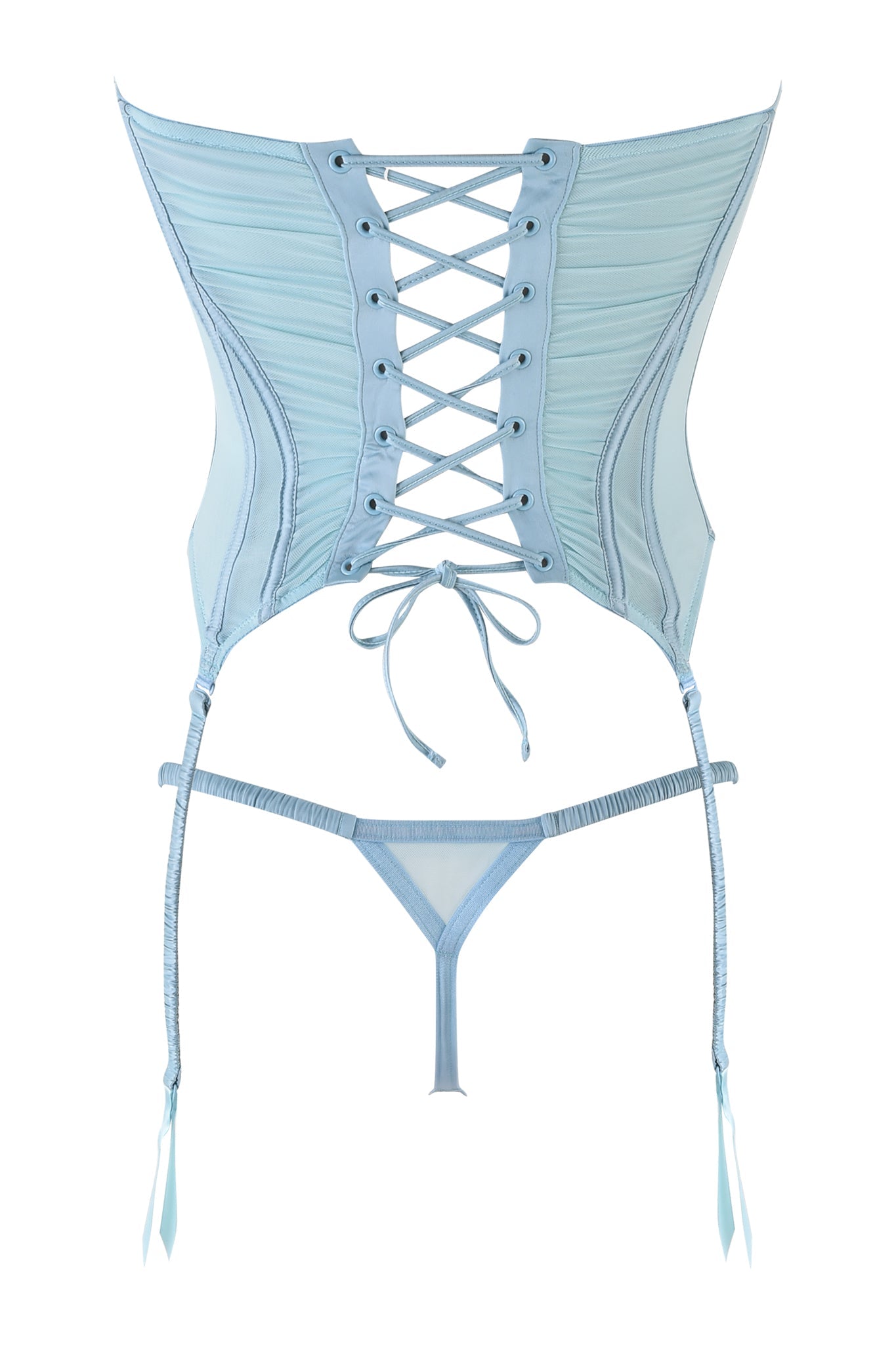 Explore the ANGELIQUE BUSTIER SET - BLUE : BABY BLUE by I.AM.GIA, a stunning lace-up corset and thong lingerie ensemble showcasing intricate stitching and graceful ribbon ties.