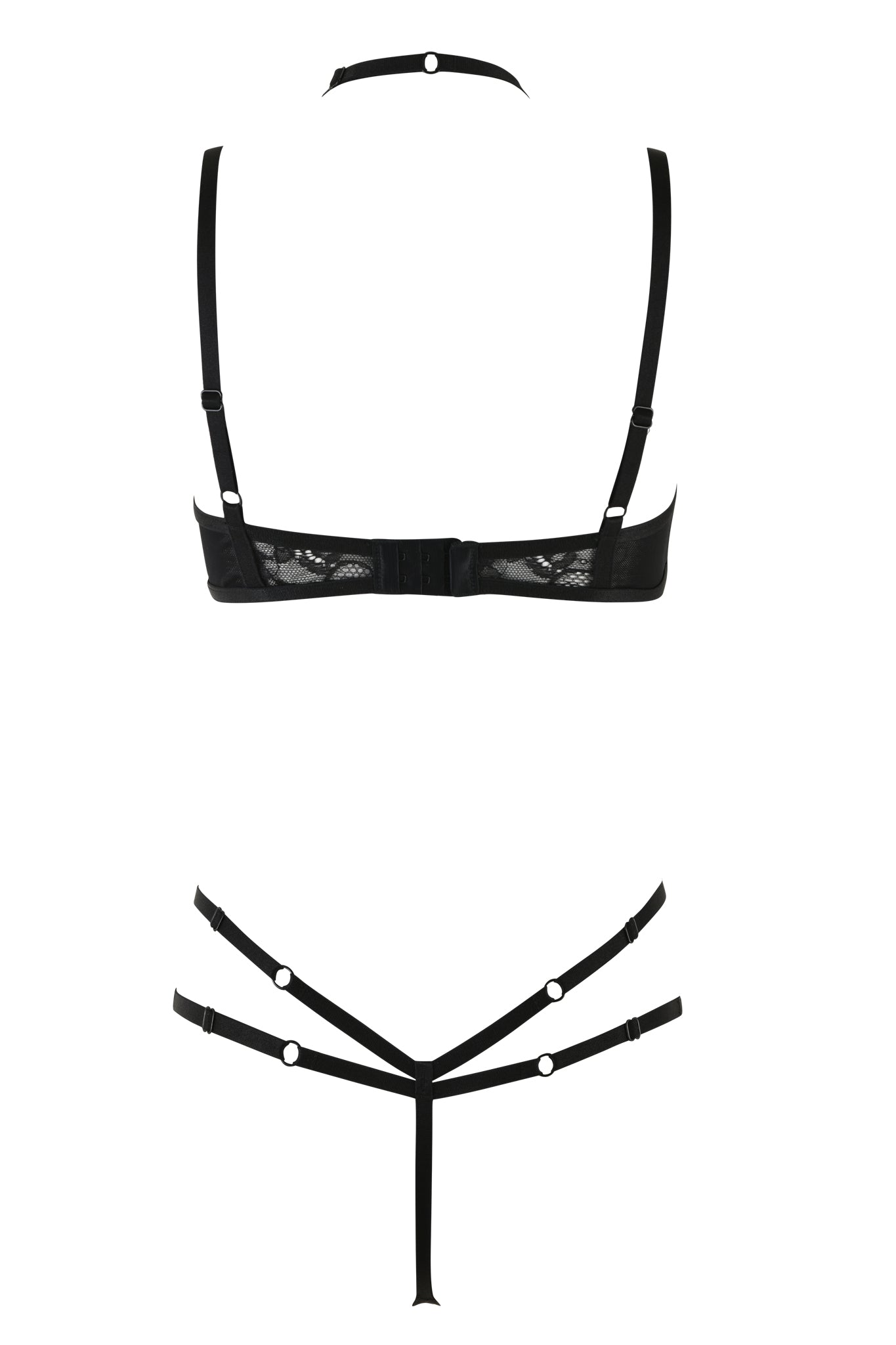 An image showcases the I.AM.GIA CHANTEL SET - BLACK lingerie against a white background. The set comprises a bra with adjustable straps and a halter neck, paired with matching strappy panties adorned with ring accents. Both pieces exhibit a minimal mesh and lace design, offering a modern and bold aesthetic.