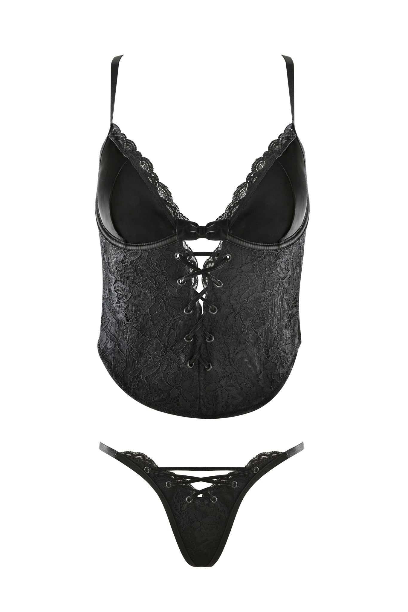 A CLEO SET - BLACK from I.AM.GIA displayed against a white background. The set includes a lace-up corset-style bustier with thin straps and intricate floral lace detailing, paired with a matching thong featuring delicate lace trims and a similar lace-up design.