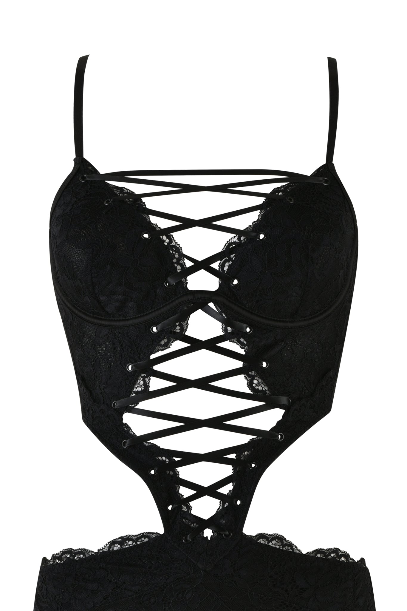 The SCARLETTE DRESS - BLACK by I.AM.GIA is a stunning black lace lingerie bustier with crisscross straps across the front. This intricately designed piece features delicate pinstripe lace trims and thin shoulder straps, creating an elaborate lace-up front that spans from the chest to the waistline for a structured, form-fitting silhouette.
