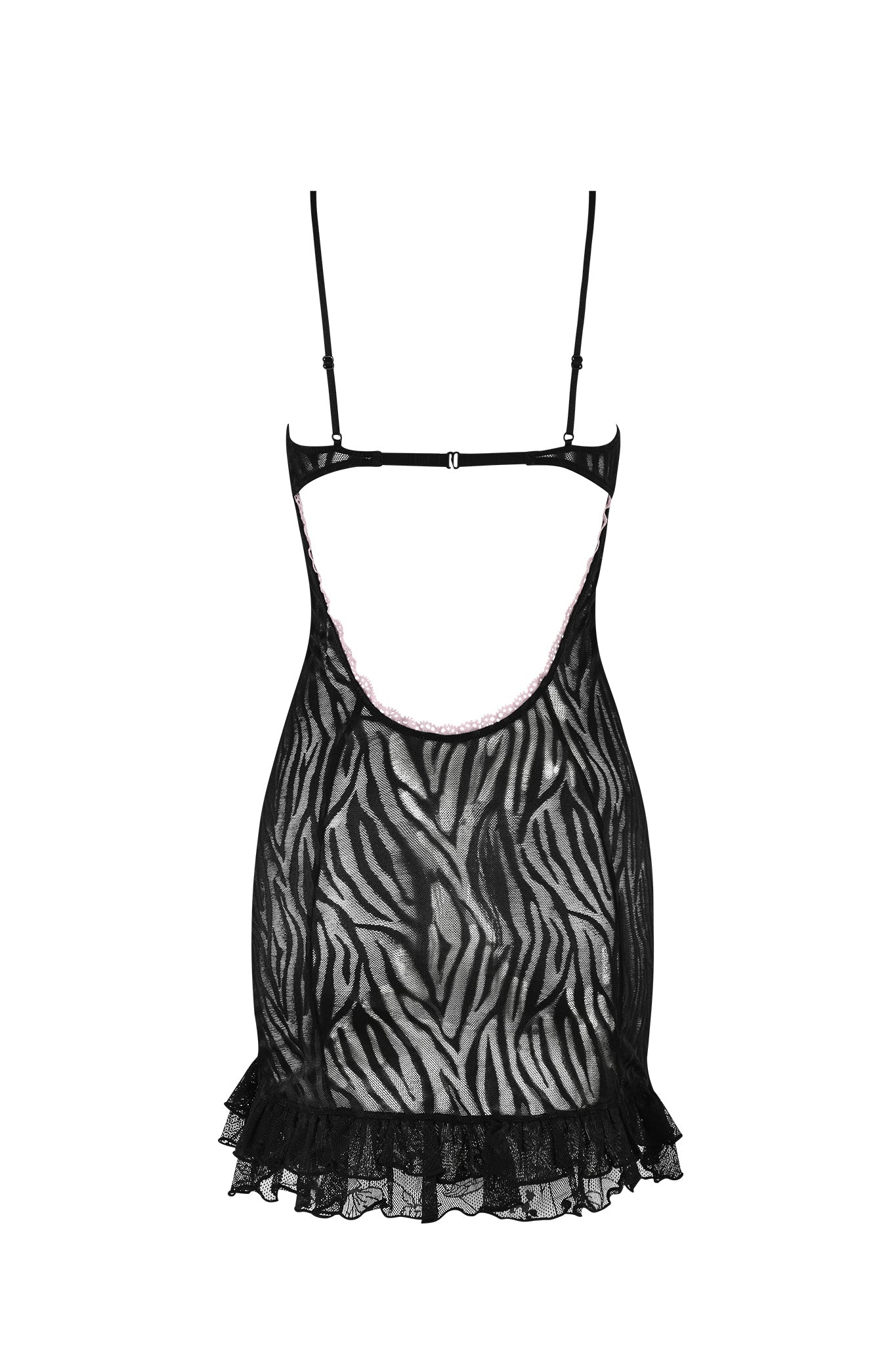The TARAJI SLIP DRESS - BLACK : ZEBRA by I.AM.GIA is a delicate and alluring sheer black slip dress featuring a zebra print, thin adjustable shoulder straps, an open circular back cutout, and lace trim at the hem.
