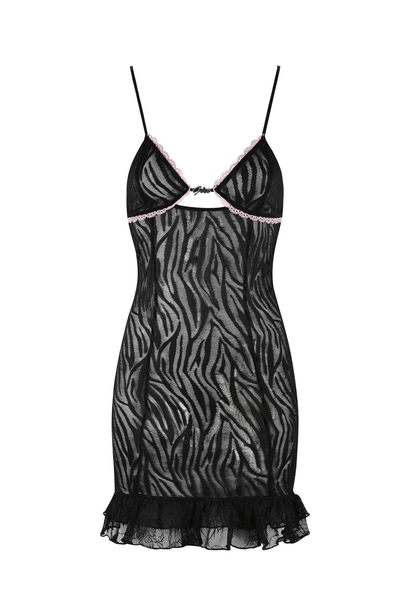 The TARAJI SLIP DRESS from I.AM.GIA features a sleek bodycon silhouette in black with a zebra print, adorned with pink lace trim on the bust and a ruffled hem. The dress includes thin, adjustable shoulder straps and a small bow at the center of the bust.