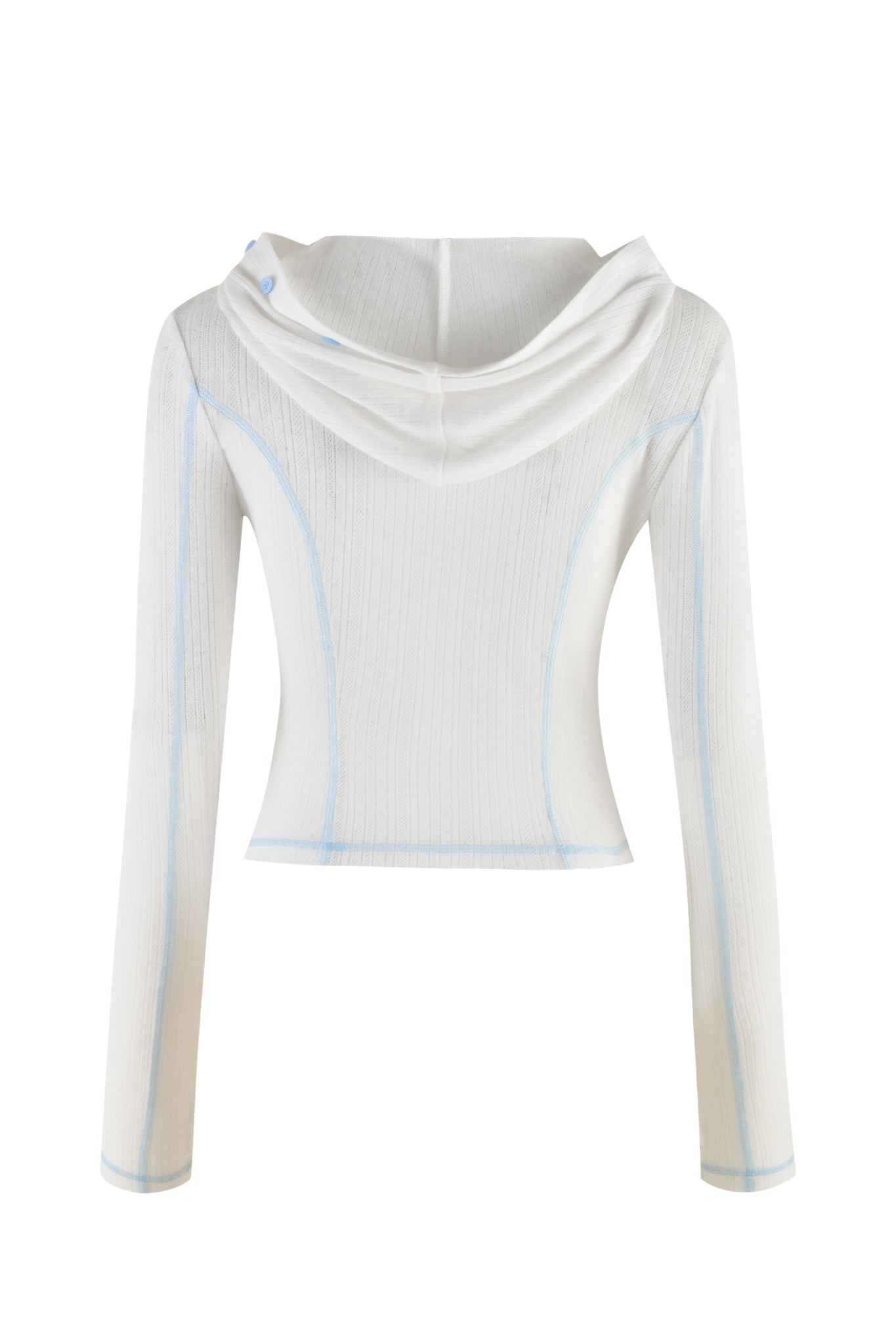 The MIA HOODIE - WHITE from I.AM.GIA is displayed from the back, showcasing a long-sleeved design with light blue stitching along the seams that adds subtle detail. The ribbed fabric is slightly sheer and highly stretchable, ensuring both comfort and a bodycon silhouette.
