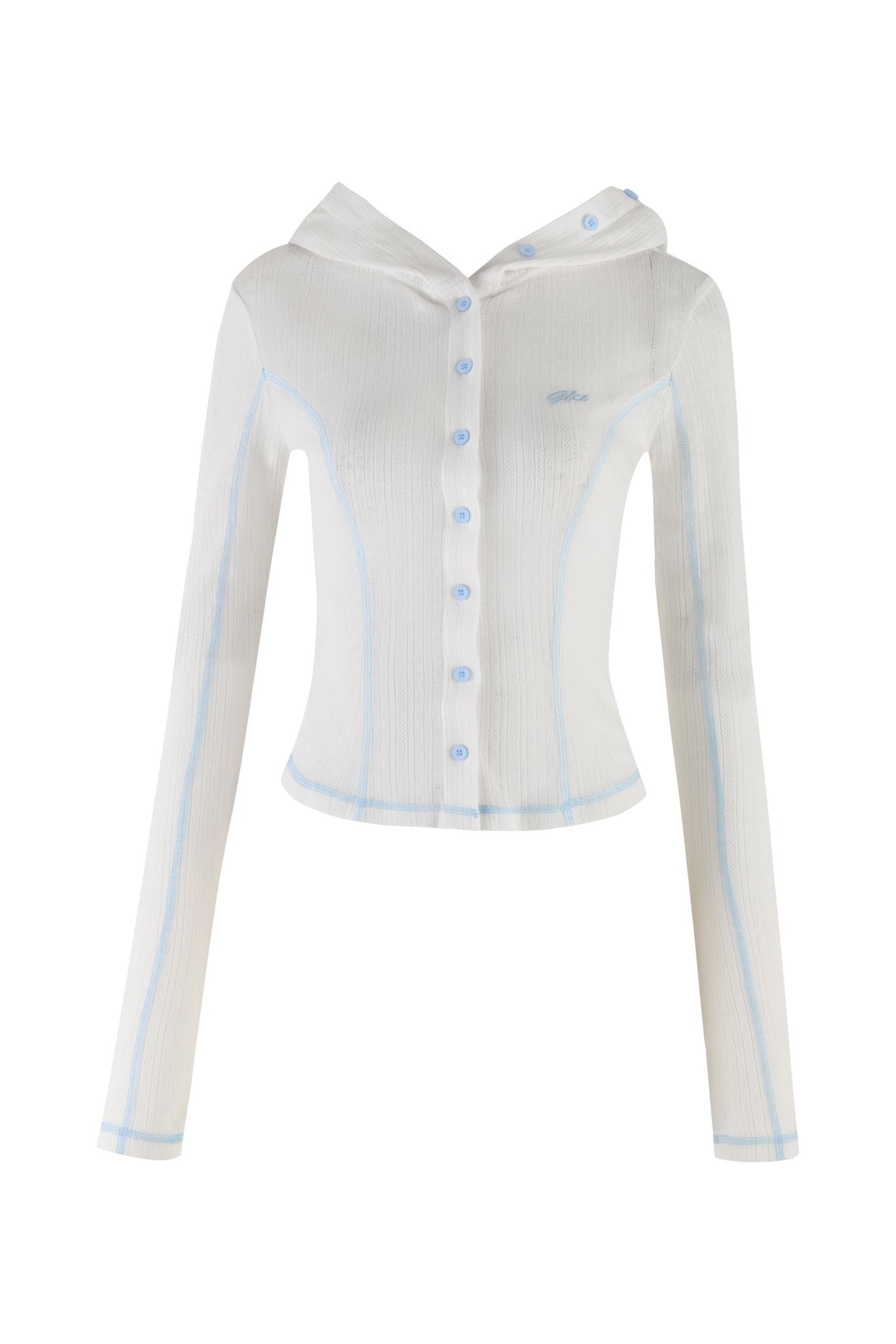 Introducing the MIA HOODIE - WHITE by I.AM.GIA: a long-sleeve button-up hoodie in white, accented with light blue detailing along the seams and buttons. Made from high stretch fabric, this hoodie offers a fitted, bodycon silhouette and features a small embroidered logo on the left side of the chest.