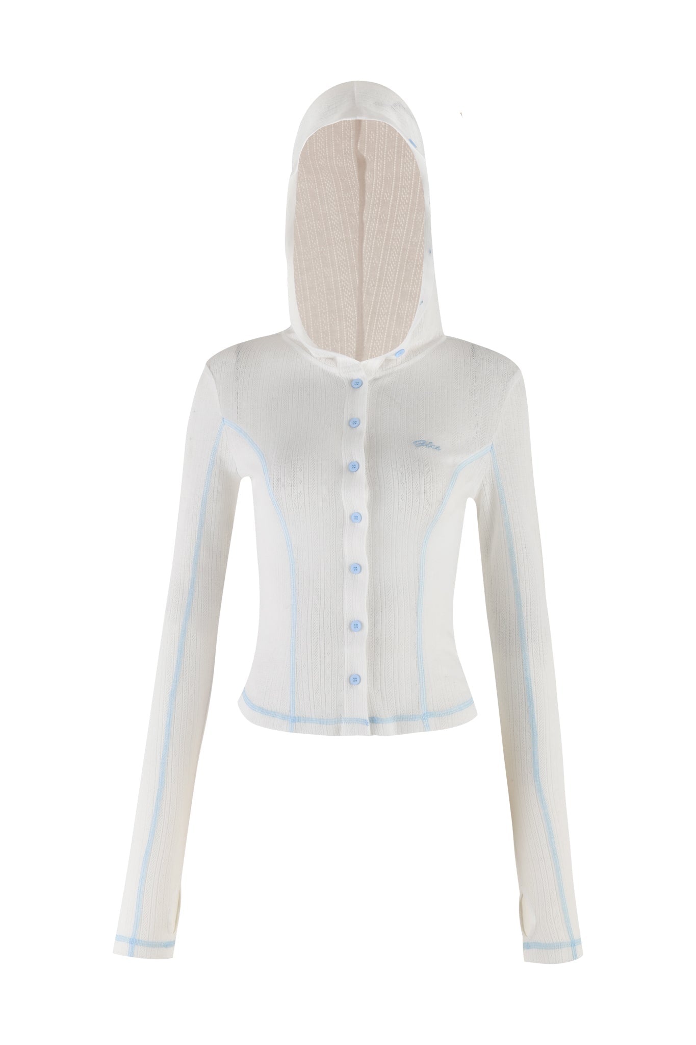 The MIA HOODIE - WHITE by I.AM.GIA is a long-sleeved, fitted, cropped hoodie. It features a button-up front adorned with light blue buttons and light blue stitching accents on the seams. Crafted from high-stretch fabric, its ribbed texture enhances the bodycon silhouette.